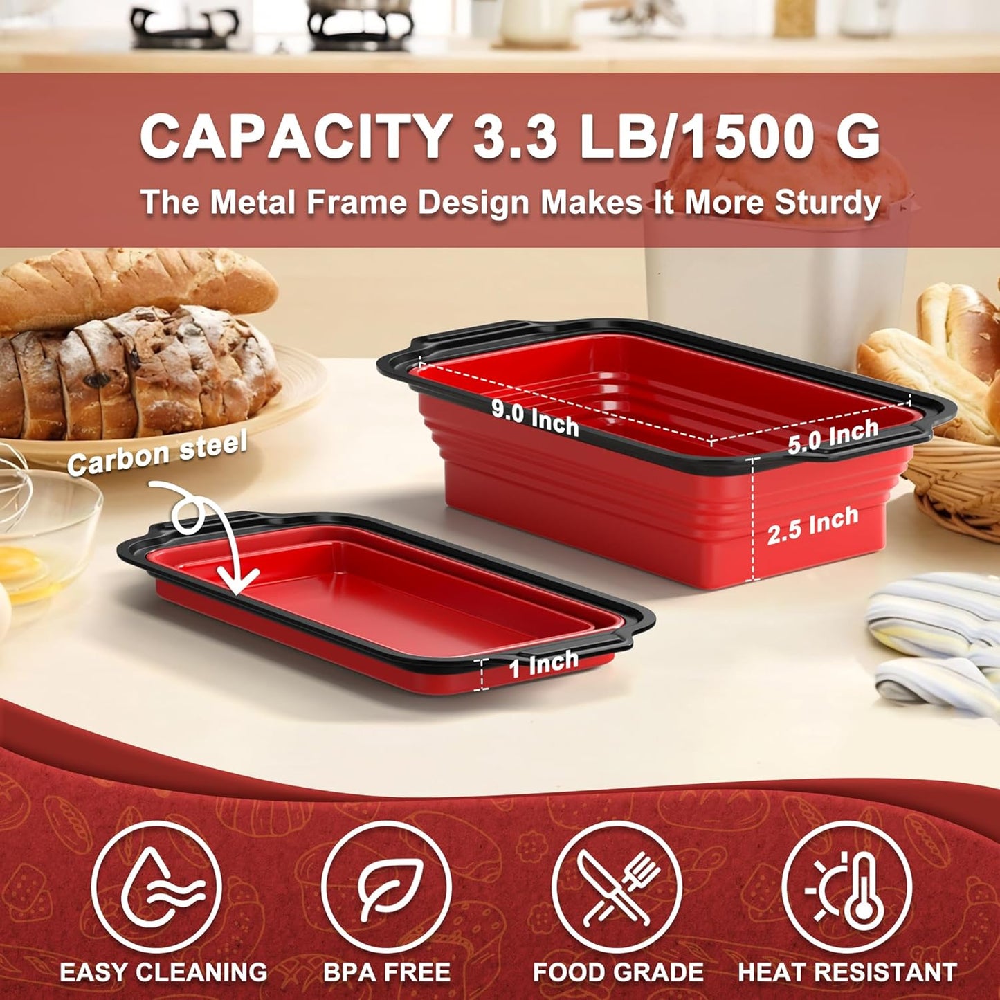 Silicone Bread Loaf Pan with Metal Frame for Homemade Bread - Non-Stick Baking Mold, Foldable Design - Black+Red, 1 Pack