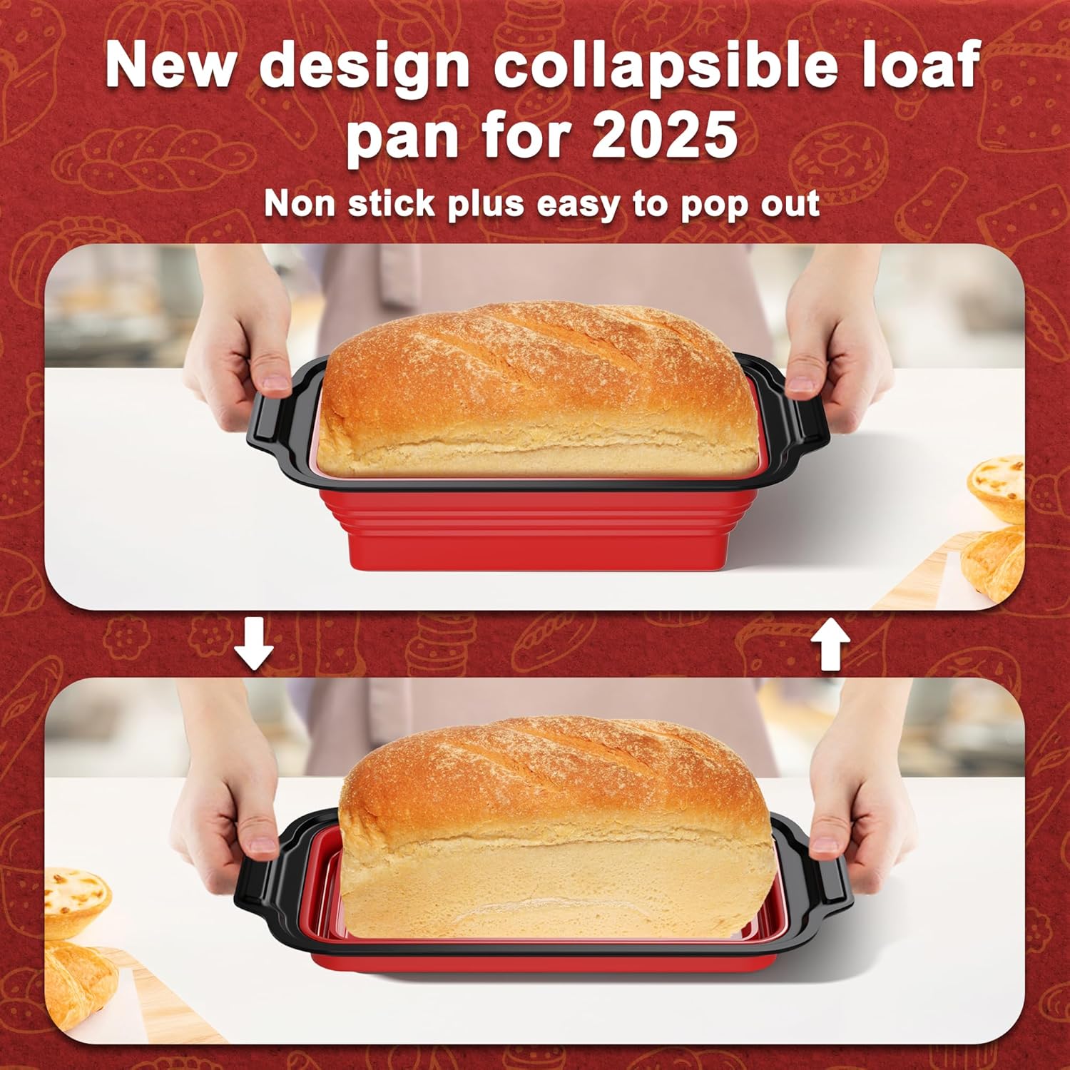 Silicone Bread Loaf Pan with Metal Frame for Homemade Bread - Non-Stick Baking Mold, Foldable Design - Black+Red, 1 Pack