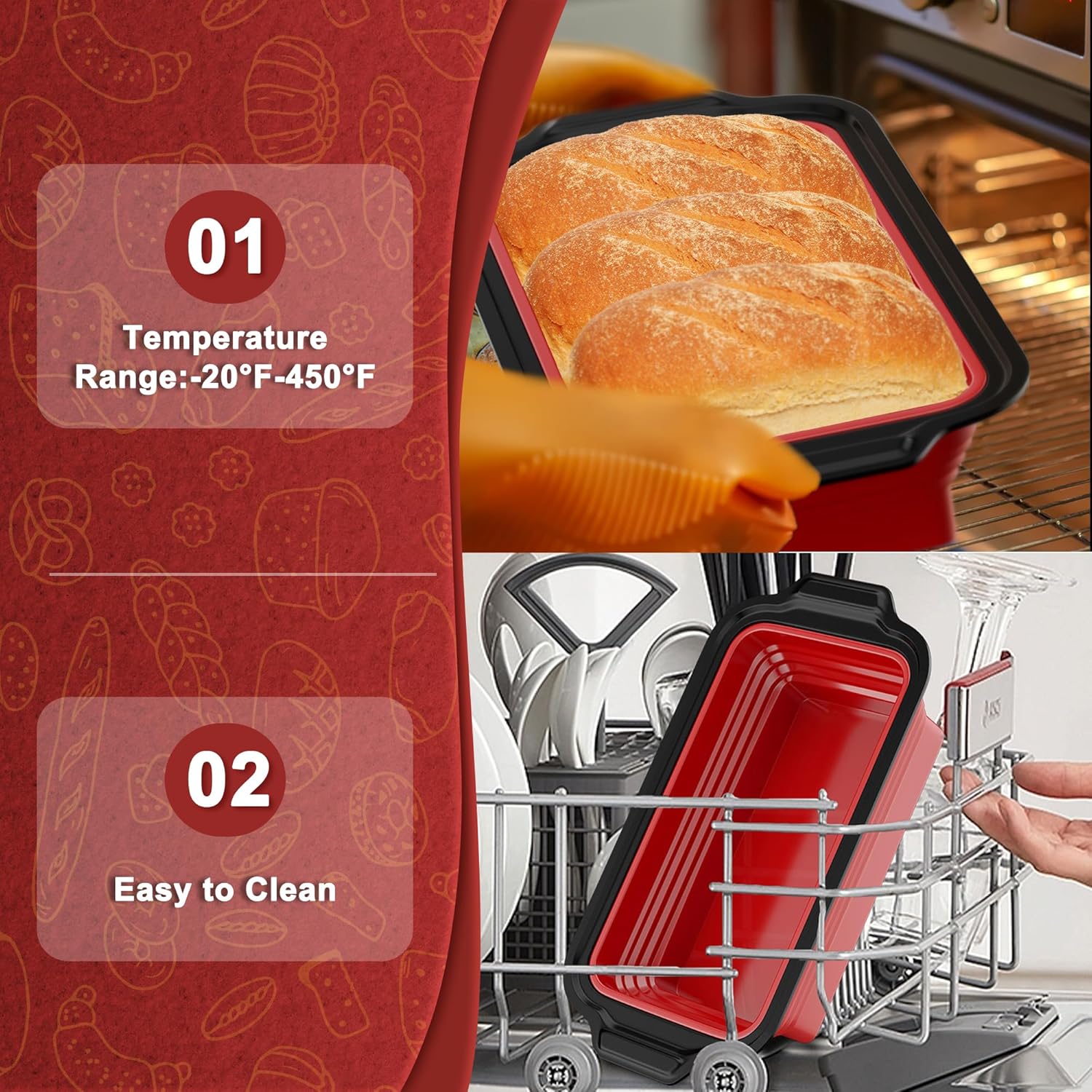 Silicone Bread Loaf Pan with Metal Frame for Homemade Bread - Non-Stick Baking Mold, Foldable Design - Black+Red, 1 Pack