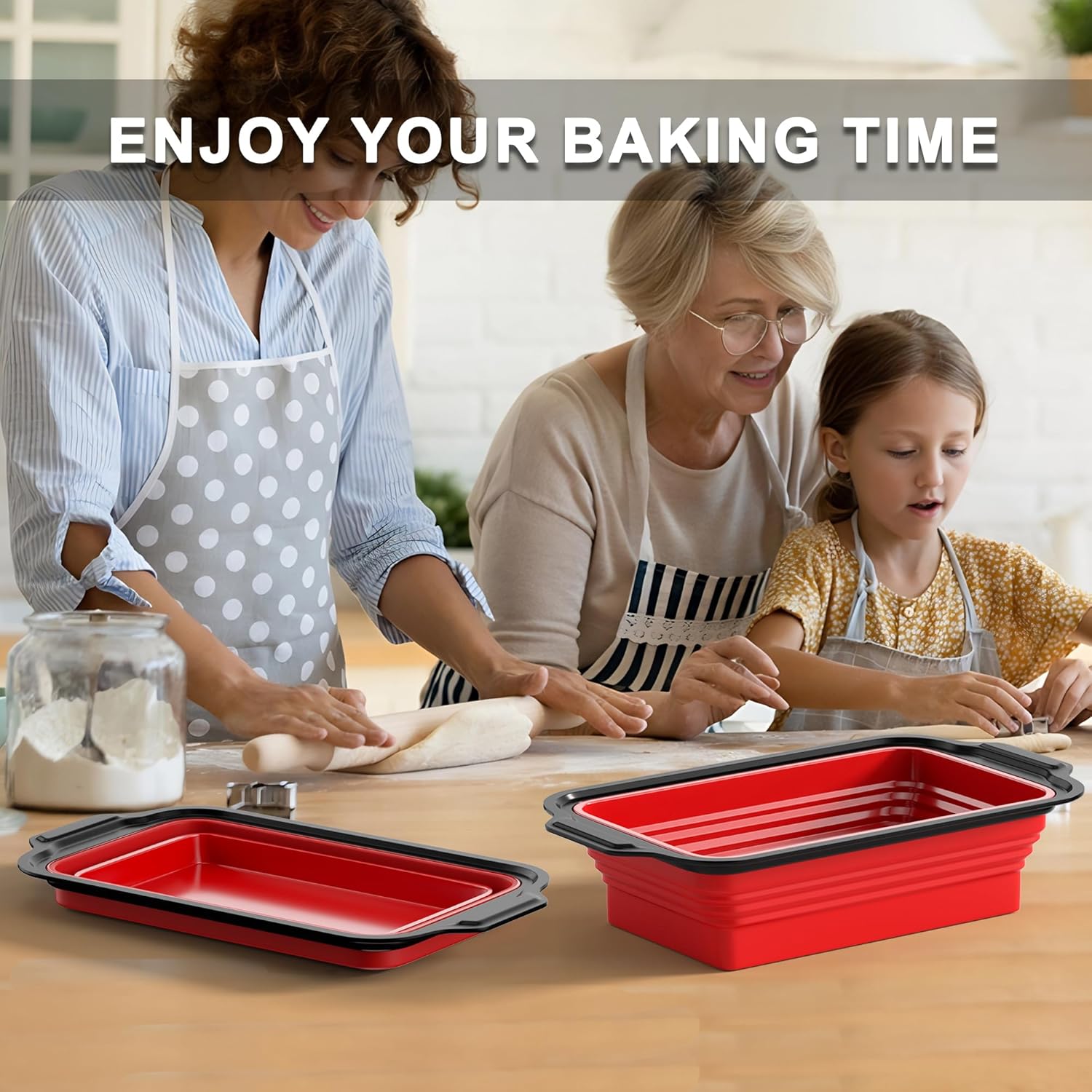 Silicone Bread Loaf Pan with Metal Frame for Homemade Bread - Non-Stick Baking Mold, Foldable Design - Black+Red, 1 Pack