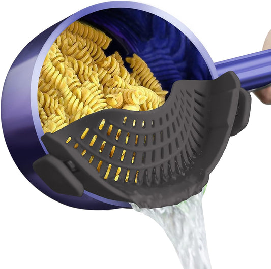Silicone Clip-On Strainer for Pots and Pans - Pasta, Meat, Vegetables, Fruit - Gray Kitchen Colander