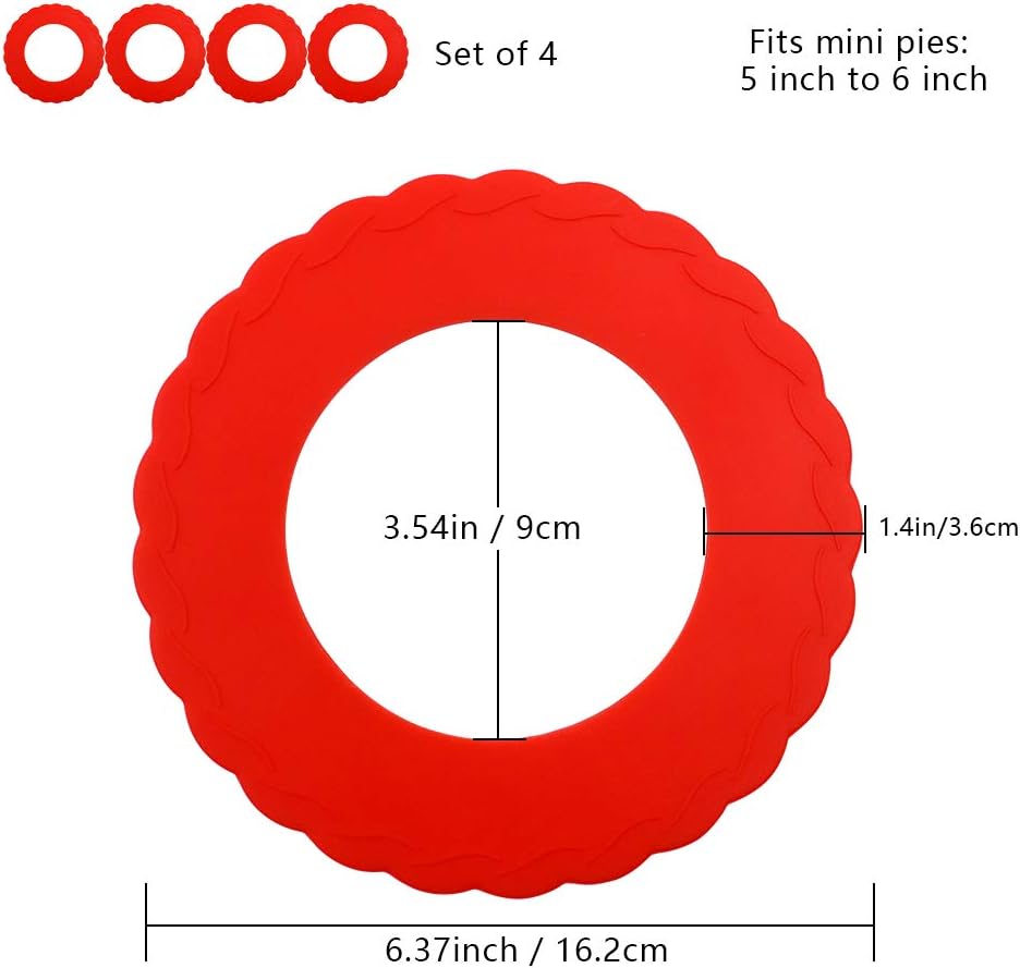 Silicone Mini Pie Crust Shields Set of 4, Baking Pan Protectors for 4-6 inch Pies (Red)