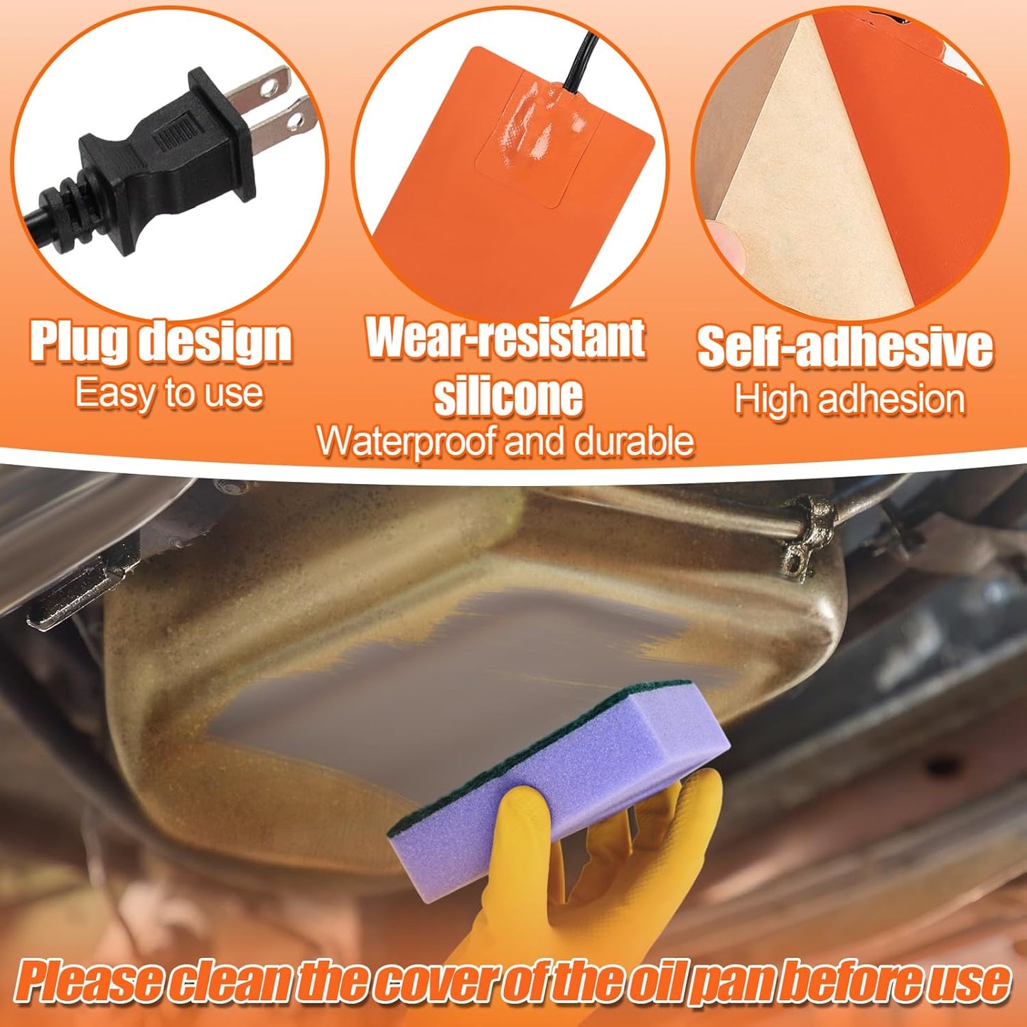 Silicone Pad Heater for Car Engine Oil Pan - 4 * 5in with Thermal Protector & 68" Power Cord - Self-adhesive Warmer for Automotive - 2pcs
