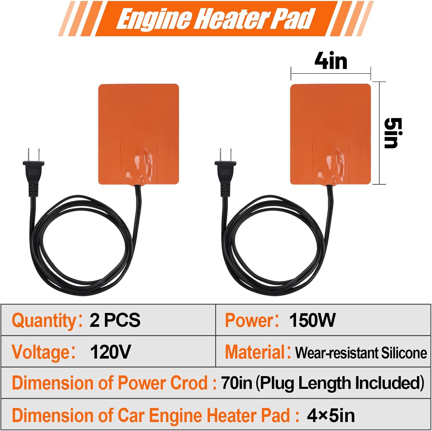 Silicone Pad Heater for Car Engine Oil Pan - 4 * 5in with Thermal Protector & 68" Power Cord - Self-adhesive Warmer for Automotive - 2pcs