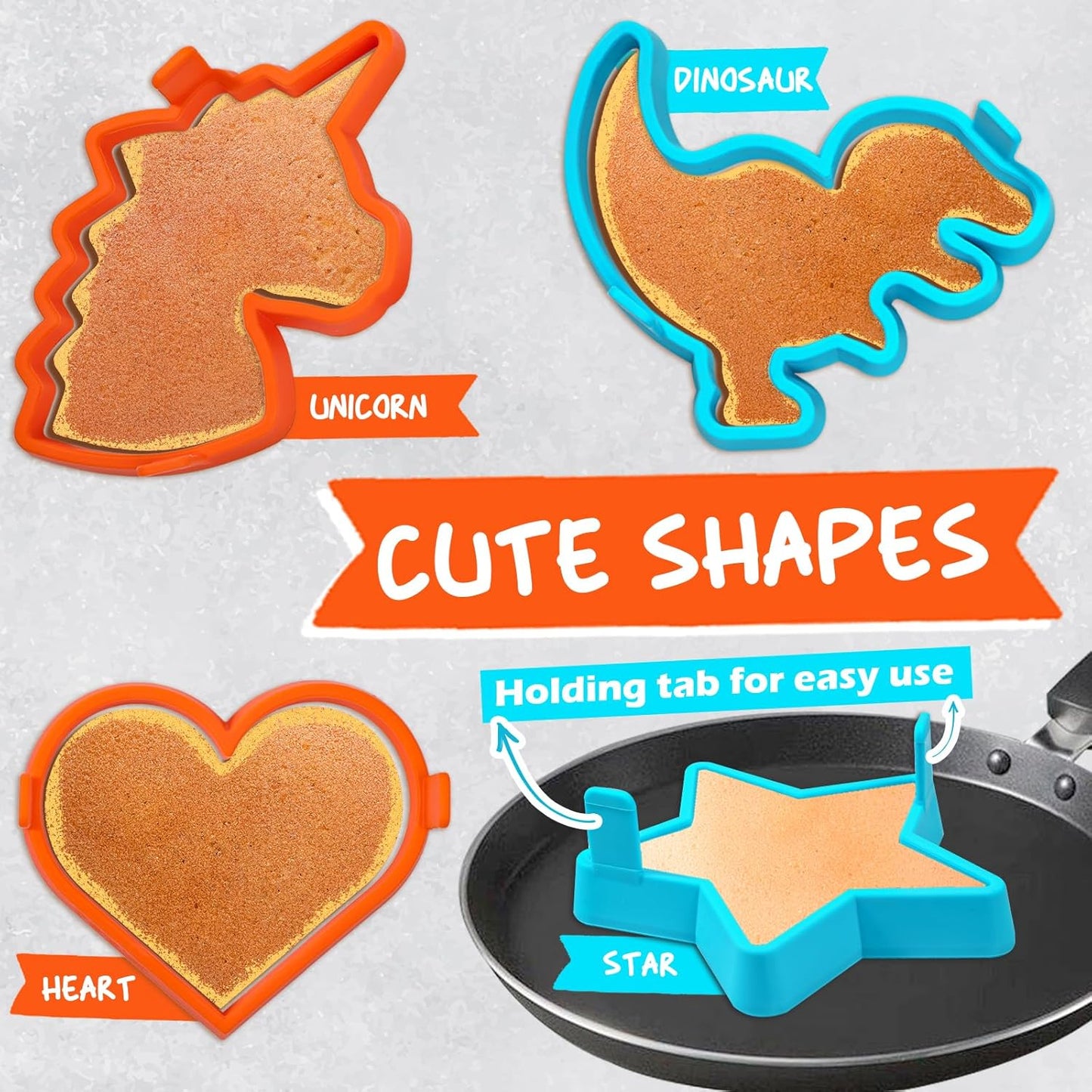 Silicone Pancake Molds Set - Heart, Star, Dinosaur, Unicorn Shapes - Nonstick Shaper for Kids - Fun Cake Ring Mold for Griddle Cooking - 4 Pack
