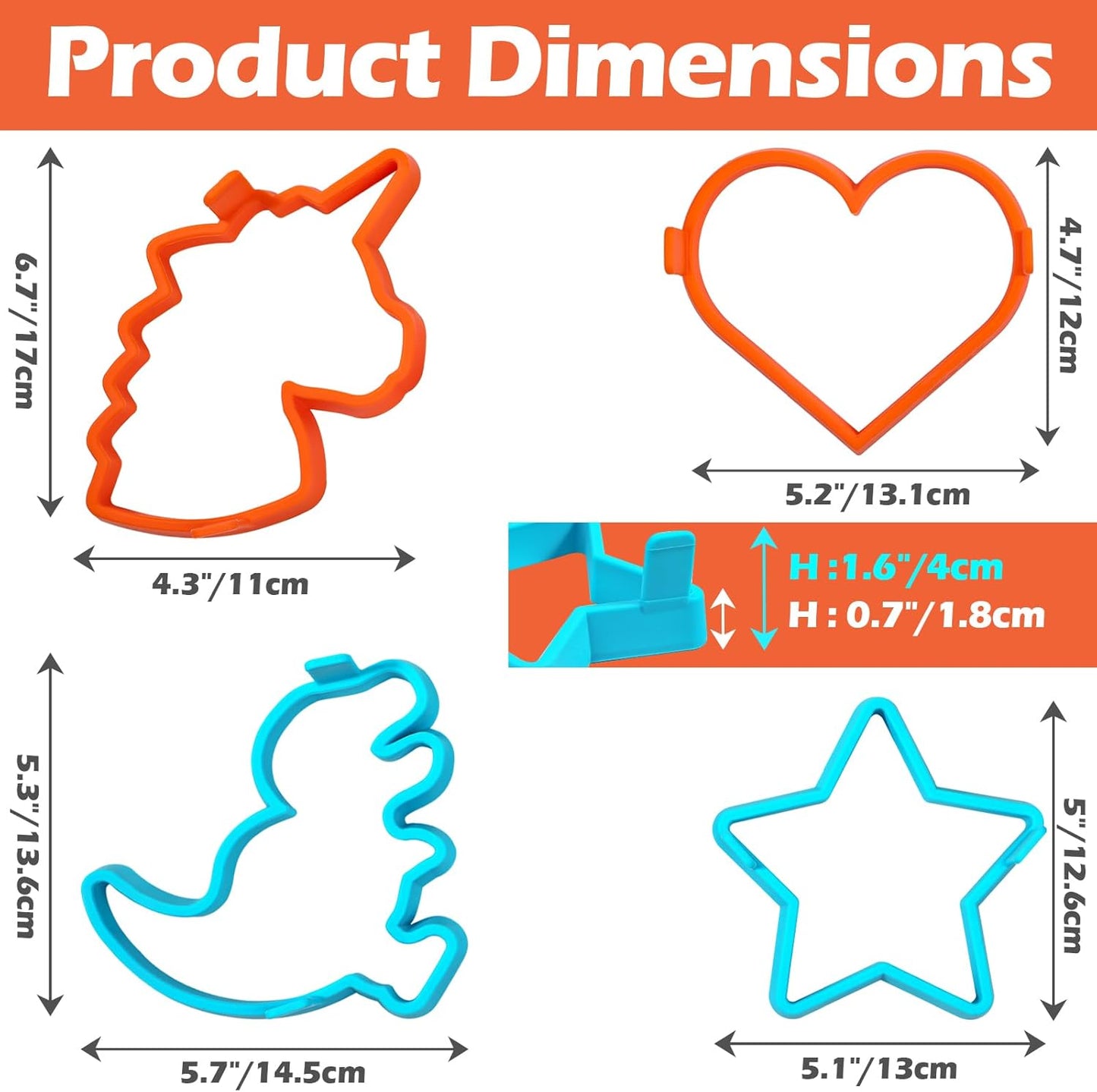 Silicone Pancake Molds Set - Heart, Star, Dinosaur, Unicorn Shapes - Nonstick Shaper for Kids - Fun Cake Ring Mold for Griddle Cooking - 4 Pack