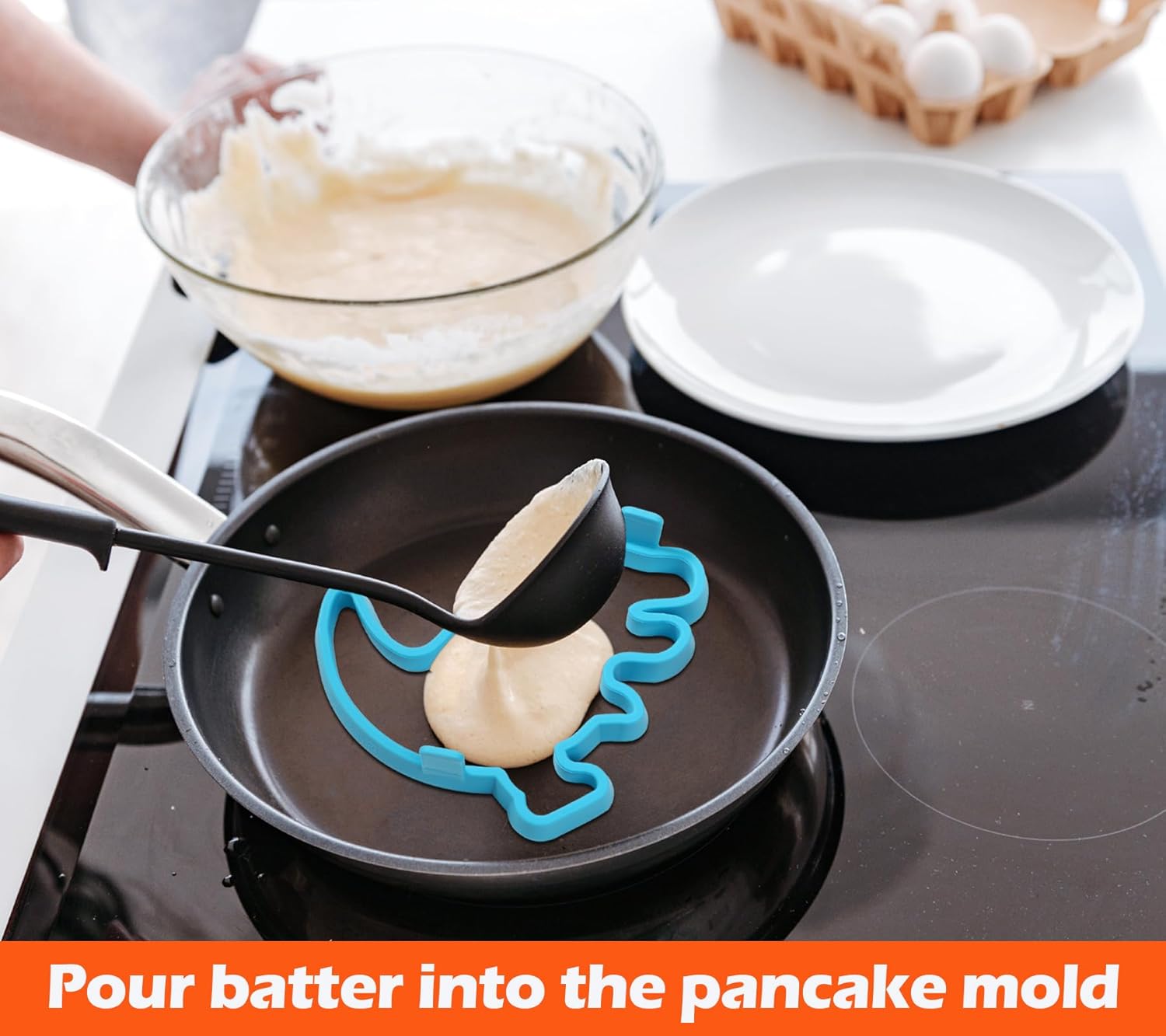 Silicone Pancake Molds Set - Heart, Star, Dinosaur, Unicorn Shapes - Nonstick Shaper for Kids - Fun Cake Ring Mold for Griddle Cooking - 4 Pack