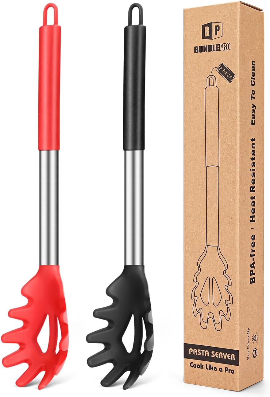Silicone Pasta Fork and Noodle Spoon Server Bundle - Heat Resistant, BPA Free, Spaghetti Strainer - Black and Red - Set of 2