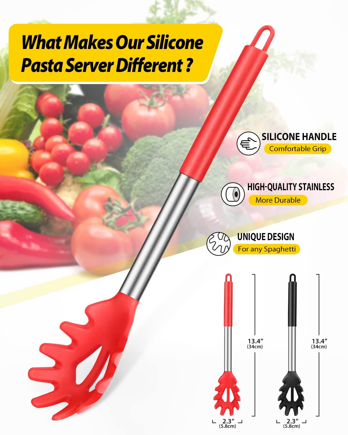 Silicone Pasta Fork and Noodle Spoon Server Bundle - Heat Resistant, BPA Free, Spaghetti Strainer - Black and Red - Set of 2