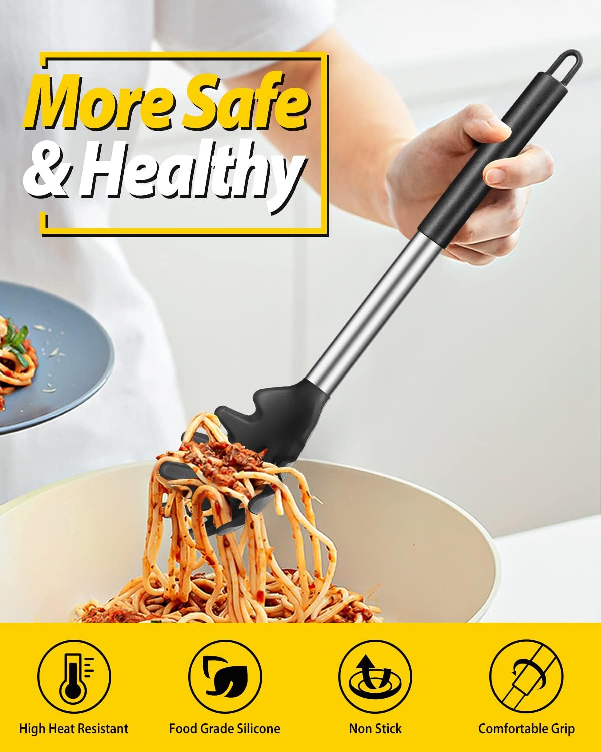 Silicone Pasta Fork and Noodle Spoon Server Bundle - Heat Resistant, BPA Free, Spaghetti Strainer - Black and Red - Set of 2