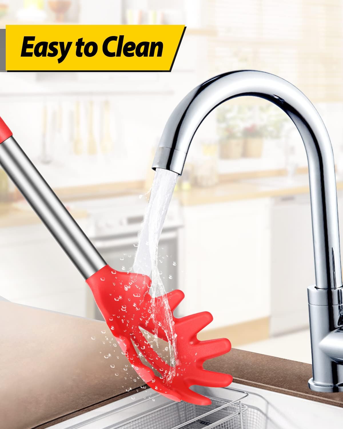 Silicone Pasta Fork and Noodle Spoon Server Bundle - Heat Resistant, BPA Free, Spaghetti Strainer - Black and Red - Set of 2