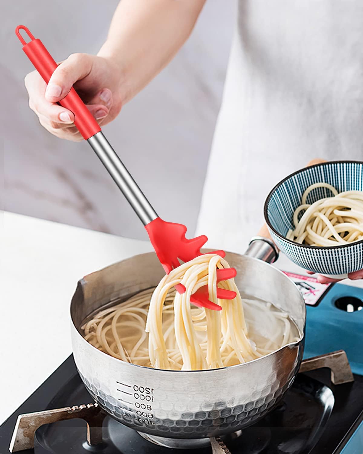 Silicone Pasta Fork and Noodle Spoon Server Bundle - Heat Resistant, BPA Free, Spaghetti Strainer - Black and Red - Set of 2