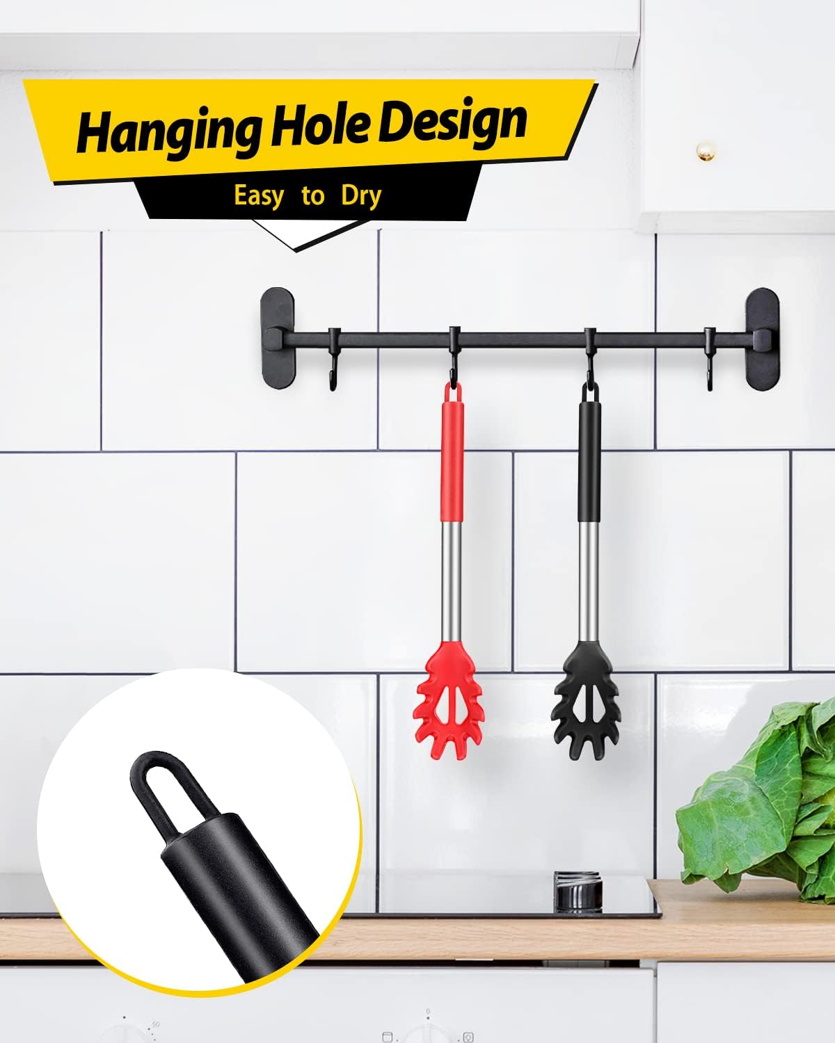 Silicone Pasta Fork and Noodle Spoon Server Bundle - Heat Resistant, BPA Free, Spaghetti Strainer - Black and Red - Set of 2