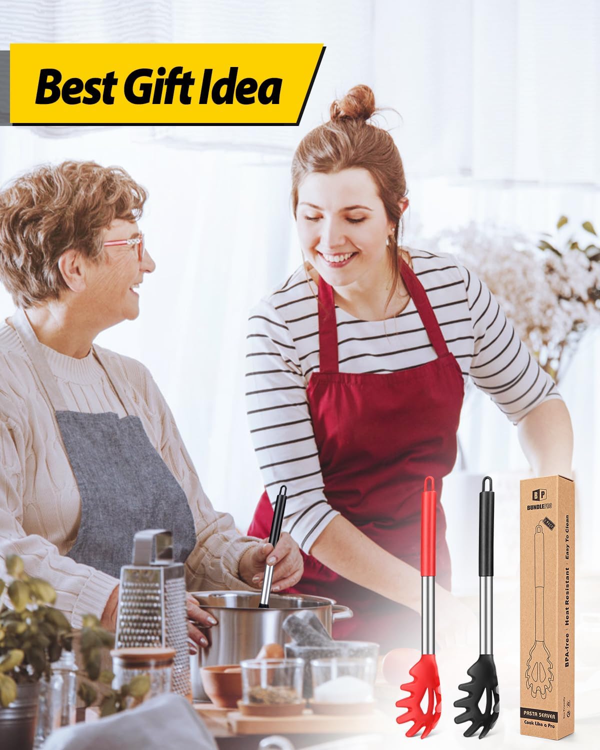 Silicone Pasta Fork and Noodle Spoon Server Bundle - Heat Resistant, BPA Free, Spaghetti Strainer - Black and Red - Set of 2