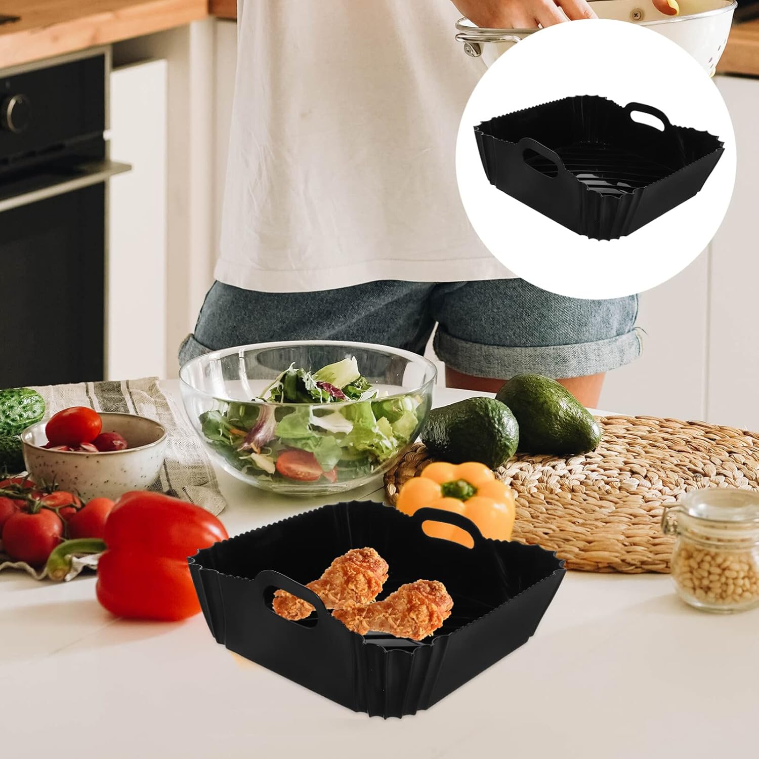 Silicone Reusable Air Fryer Liner with Double Handles - Non-Stick Black Pot Replacement for Easy Cleaning - Air Fryer Accessories