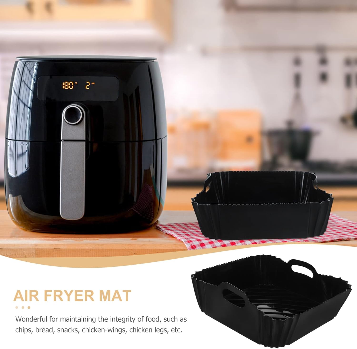 Silicone Reusable Air Fryer Liner with Double Handles - Non-Stick Black Pot Replacement for Easy Cleaning - Air Fryer Accessories
