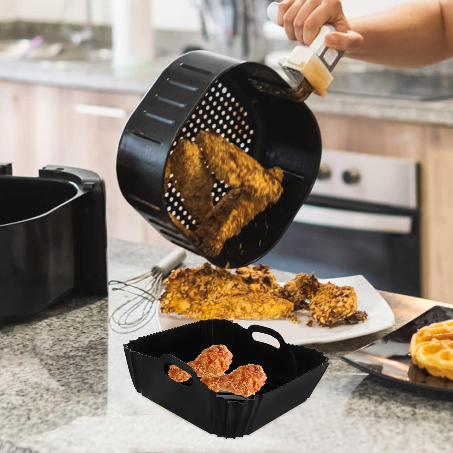 Silicone Reusable Air Fryer Liner with Double Handles - Non-Stick Black Pot Replacement for Easy Cleaning - Air Fryer Accessories
