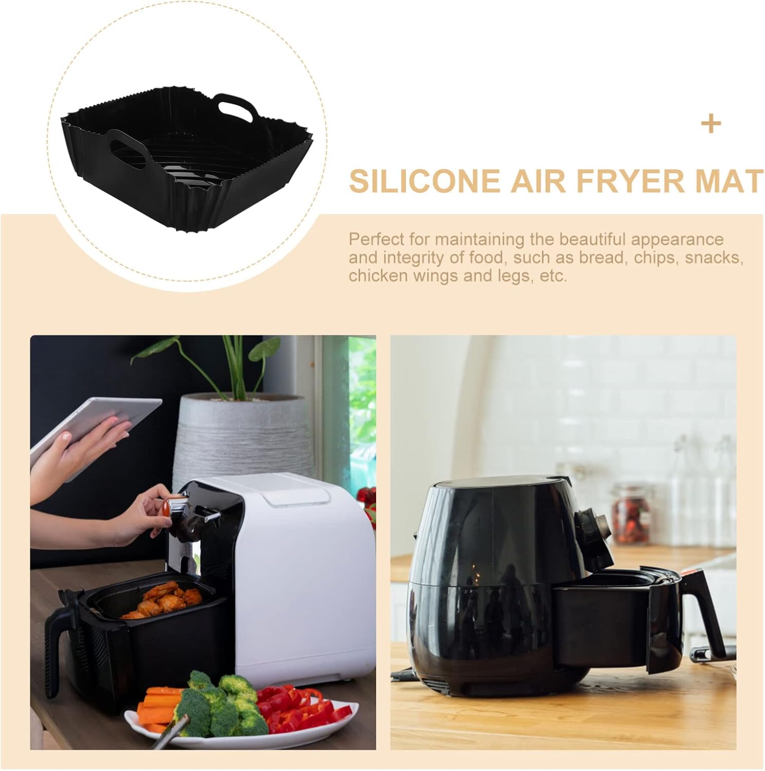 Silicone Reusable Air Fryer Liner with Double Handles - Non-Stick Black Pot Replacement for Easy Cleaning - Air Fryer Accessories