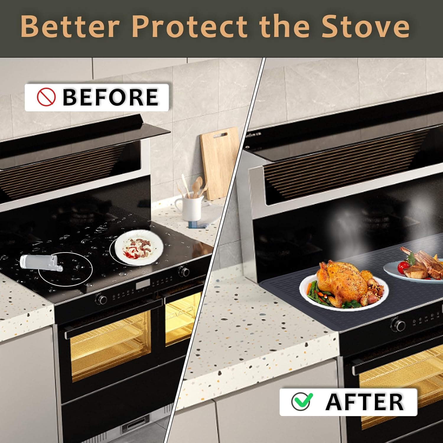 Silicone Stove Cover Set for Gas & Electric Stove Tops - Heat Resistant Mat for Countertop Protection - Non-Slip Oven Covers for Glass & Ceramic Stoves - 28x20 Inches (Black)