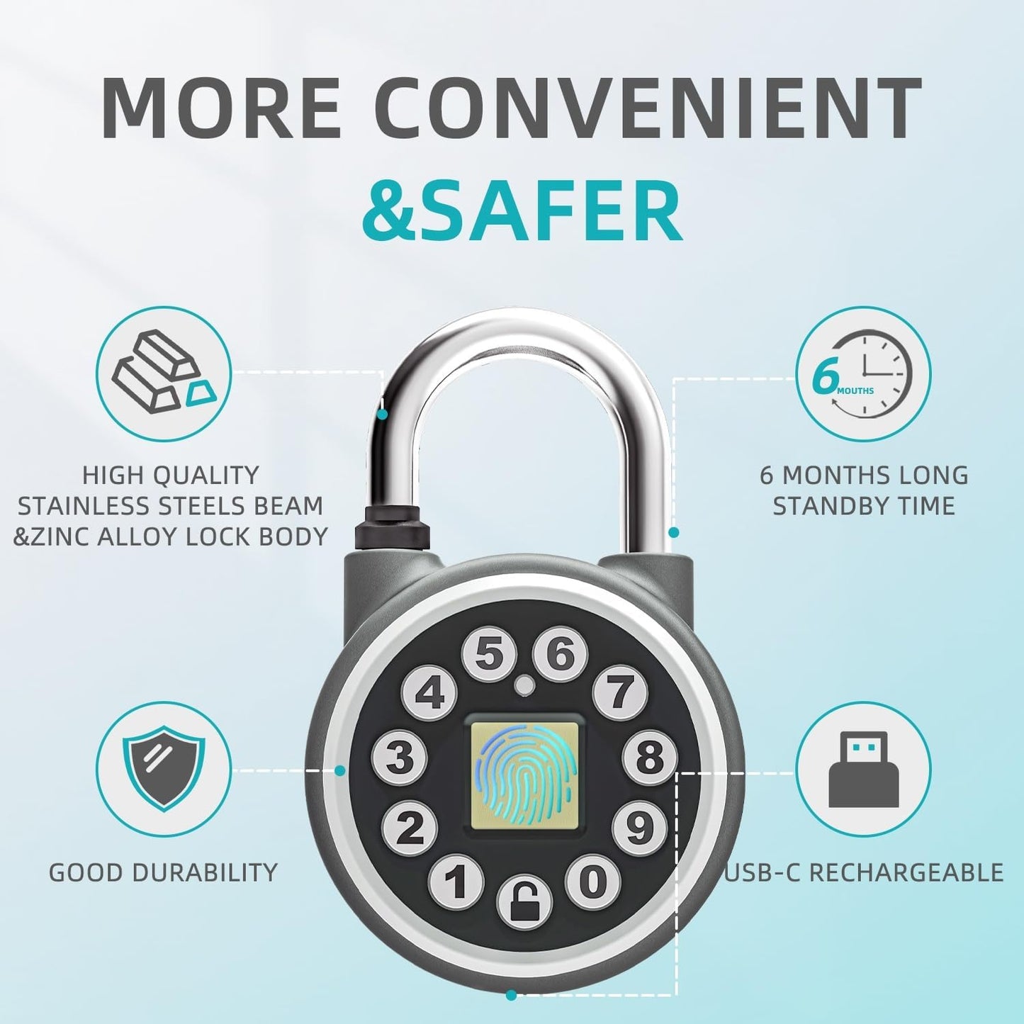Silver Bluetooth Fingerprint Padlock with Code, Water Resistant Smart Lock for Gyms, Bicycles, Schools, Luggage - SFW Smart Padlock - WildKart