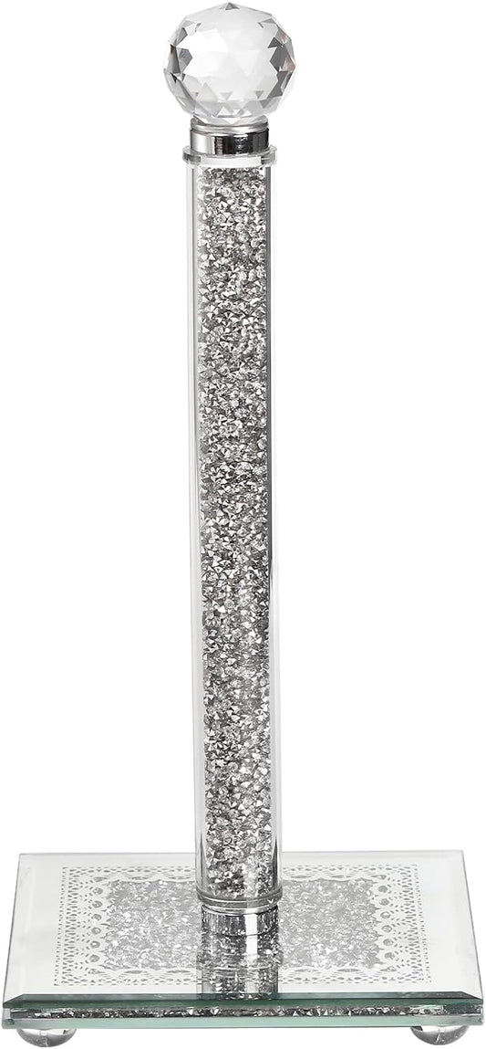 Silver Countertop Paper Towel Holder with Weighted Base and Crystal Crushed Diamond Filling for Kitchen and Bathroom