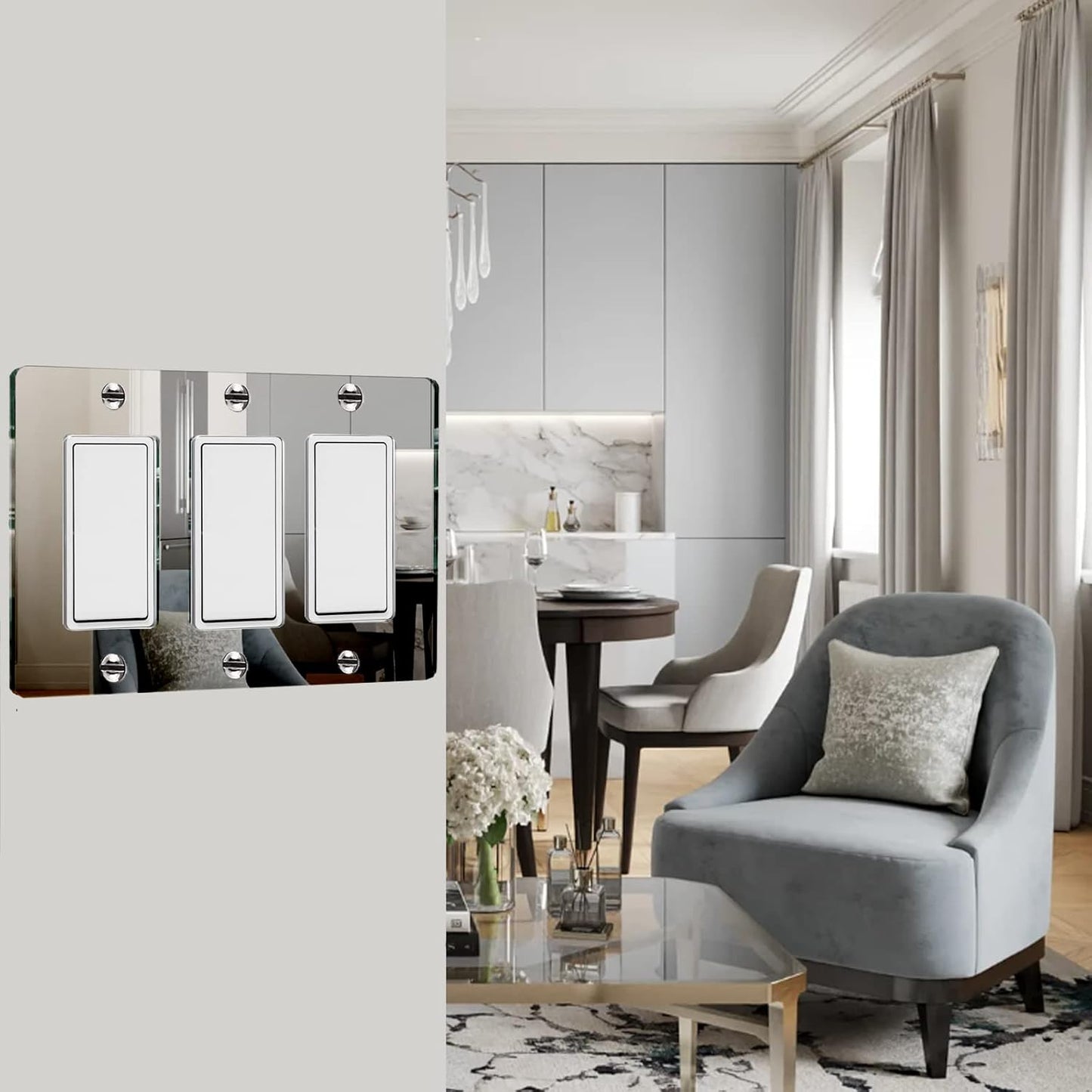Silver Mirrored Switch Light Switch Plate Cover - Durable Acrylic Decorative Triple Rocker Wall Plate - 1 Piece