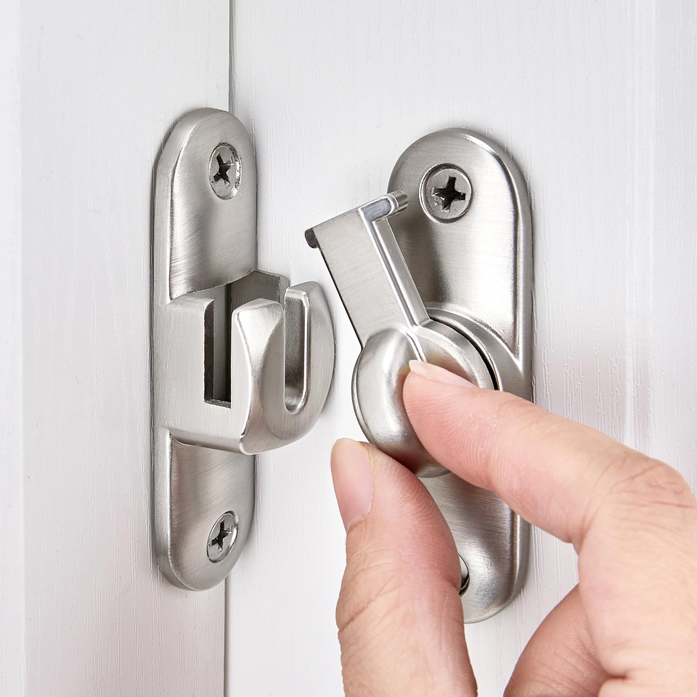 Silvery Zinc Alloy Barn Door Latch Set for Cabinets and Bathrooms, 90/180 Degree Gate Lock, Flip Hardware with Right Angle Security Lock for Sliding Doors.