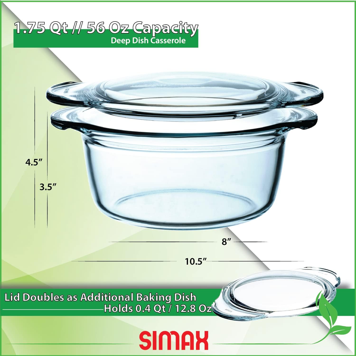 Simax Clear Glass Round Casserole Dish with Lid and Handles - 1.75 Quart Glass Covered Bowl for Cooking, Baking, and Serving - Microwave, Dishwasher, Oven, and Stove Safe Cookware
