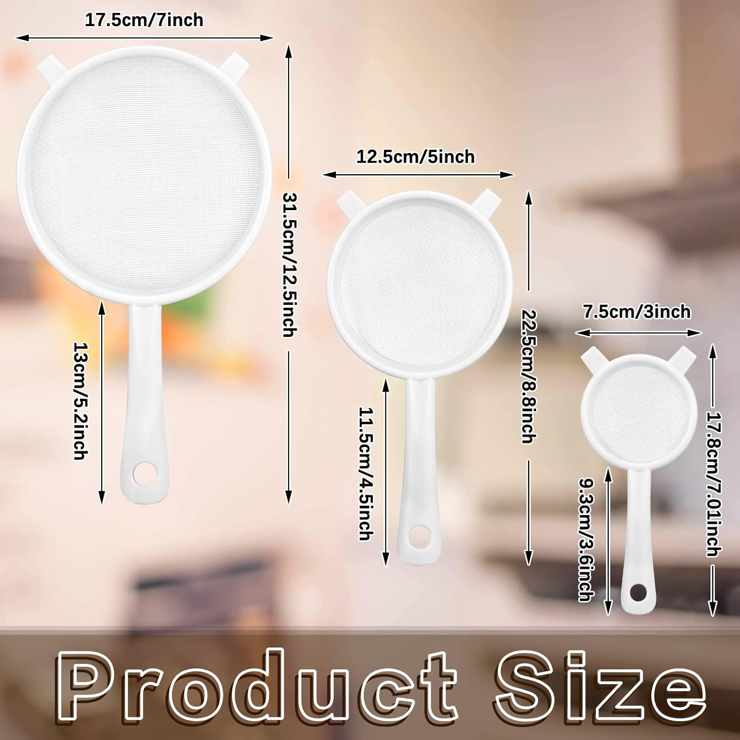 Skyley Plastic Nylon Mesh Strainer Colander Set with Handles - Fine Food Sifters for Baking, Cooking, Kefir, Tea, Juice, Pasta - Set of 3 Sizes (3", 5", 7")