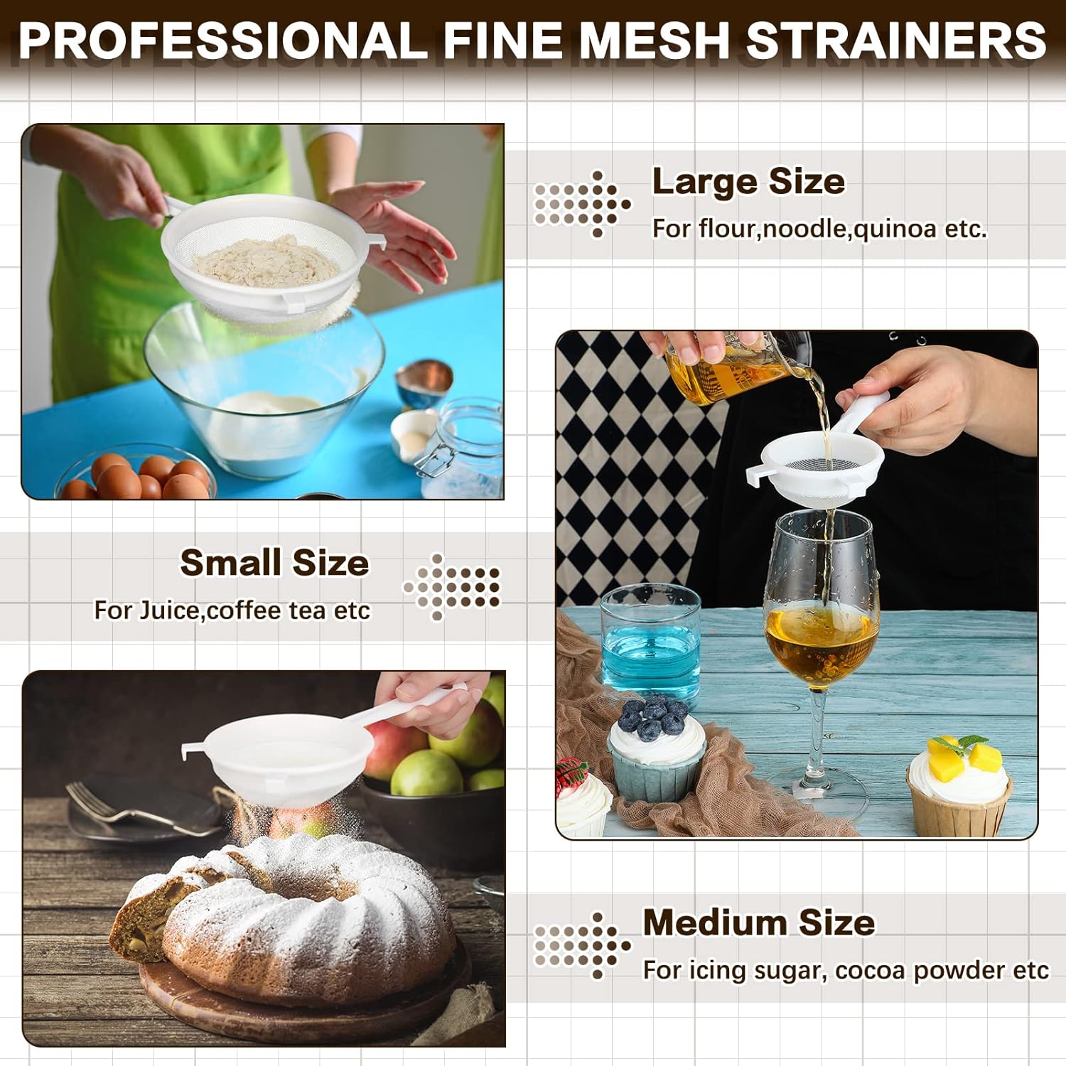 Skyley Plastic Nylon Mesh Strainer Colander Set with Handles - Fine Food Sifters for Baking, Cooking, Kefir, Tea, Juice, Pasta - Set of 3 Sizes (3", 5", 7")