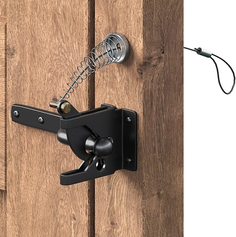 skysen Self Locking Black Fence Gate Latch with Stainless Steel Spring Cable Pull - Post Mount Carbon Steel (JLXSDS-1)