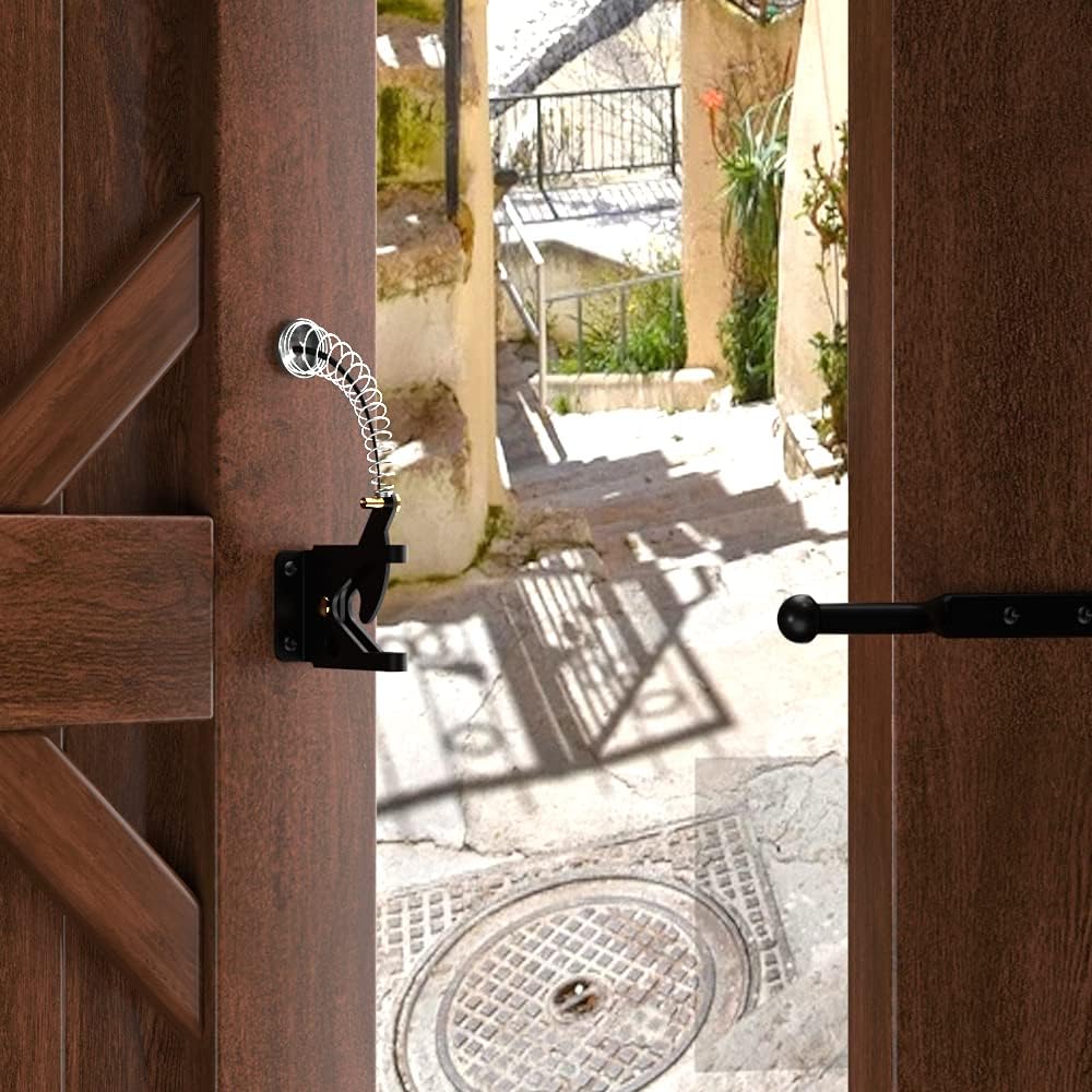 skysen Self Locking Black Fence Gate Latch with Stainless Steel Spring Cable Pull - Post Mount Carbon Steel (JLXSDS-1)