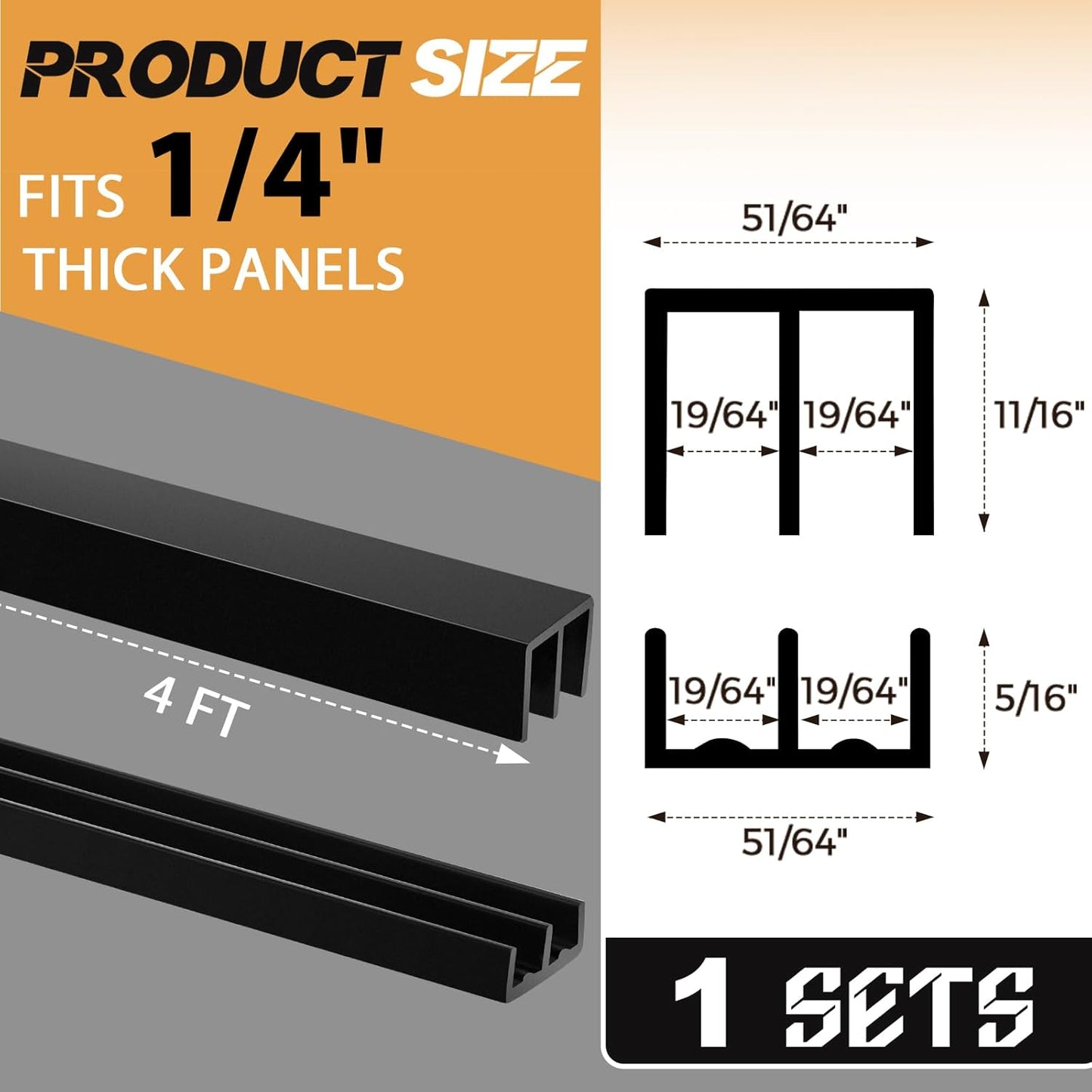 Sliding Cabinet Door Track Hardware Set - 1 Set, 4 ft Long, for 1/4" Thick Glass Panels - Easy Installation - Black