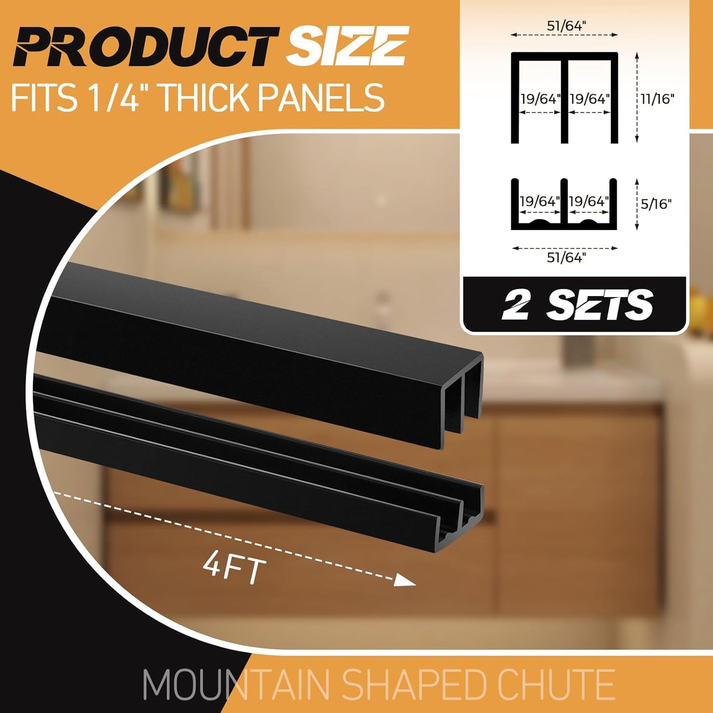 Sliding Door Track Set for 1/4" Thick Glass Panels - Easy Installation - 2 Sets (4ft, Black)