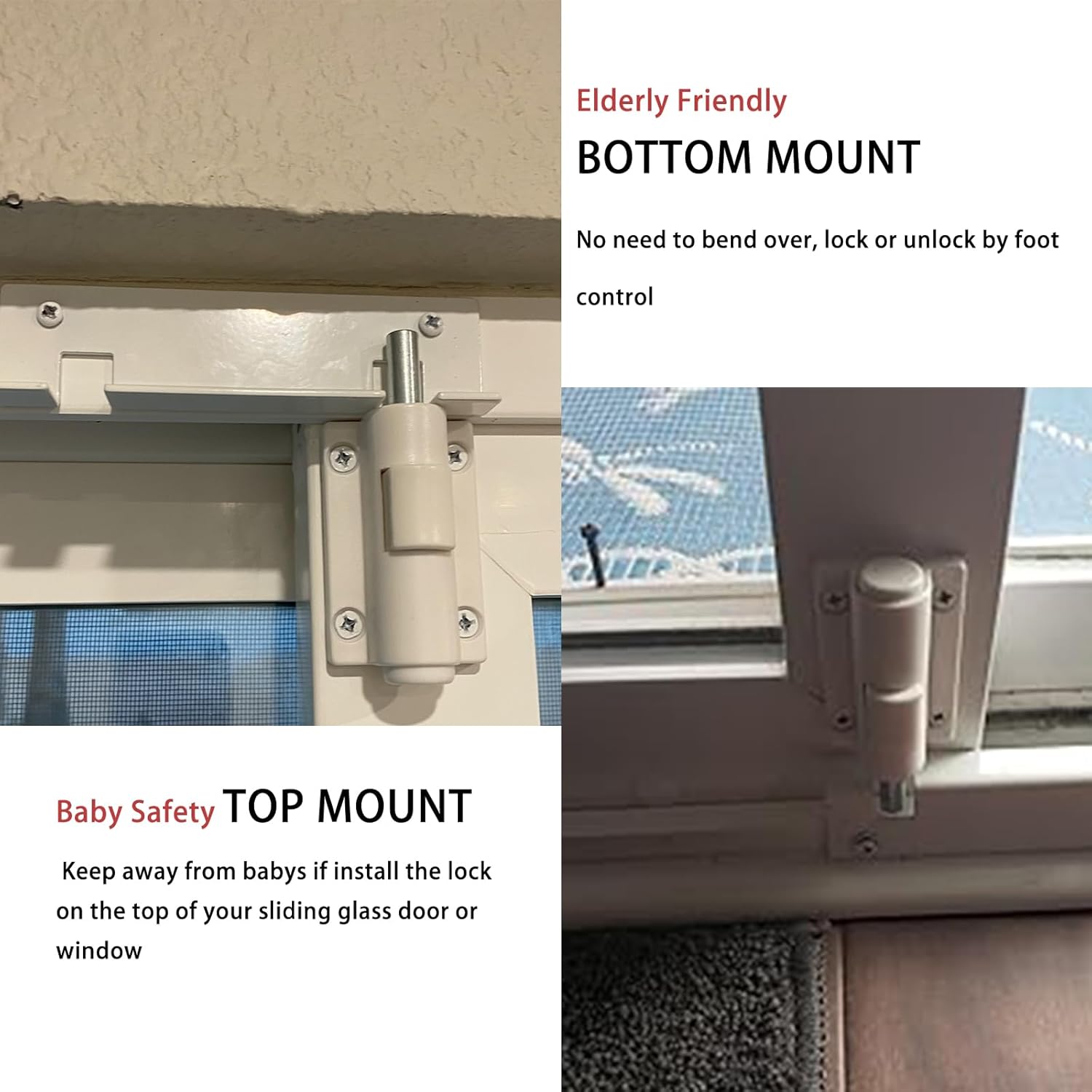 Sliding Patio Door Security Foot Lock for Additional Childproofing - Top & Bottom Fits Most Glass Doors & Windows