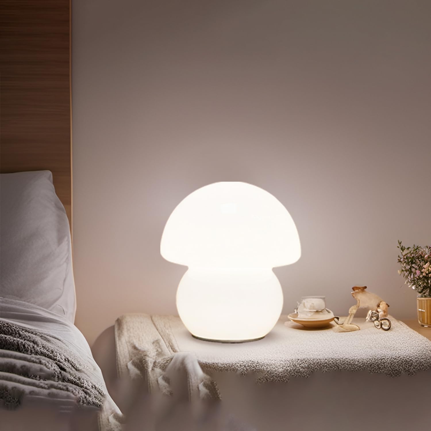 Small Clear Glass Mushroom Lamp - Cute Milk White Nightstand Light for Bedroom or Living Room - Murano Style Dome Lamp for Home Decor Gift