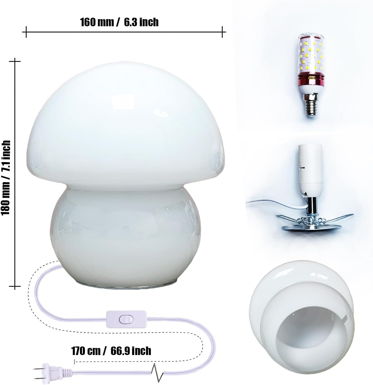 Small Clear Glass Mushroom Lamp - Cute Milk White Nightstand Light for Bedroom or Living Room - Murano Style Dome Lamp for Home Decor Gift