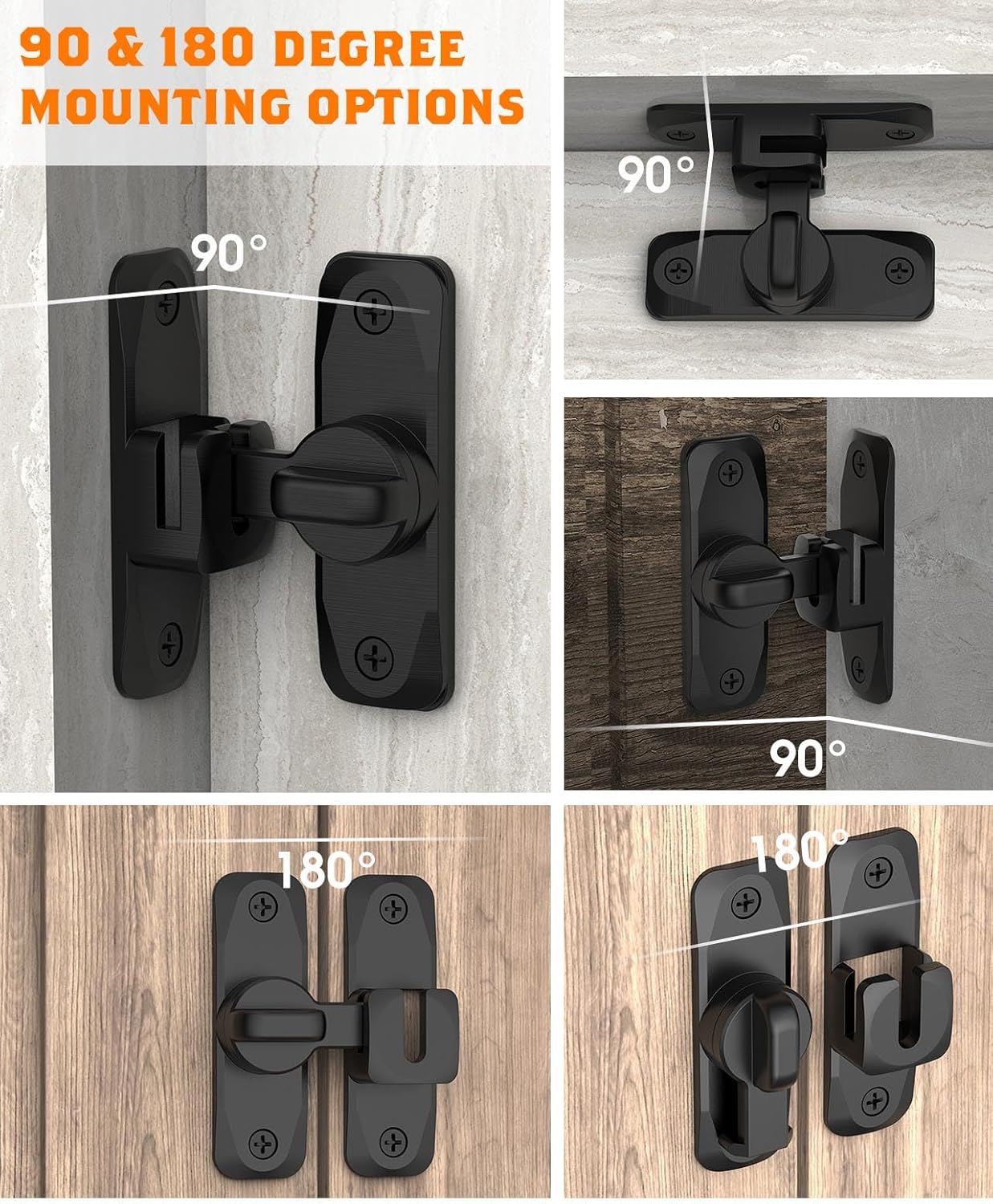 Small Flip Gate Latch Lock for Barn Doors, Cabinets, Bathrooms - 90/180 Degree YogePote Sliding Door Security Hardware (Black-2Pcs)