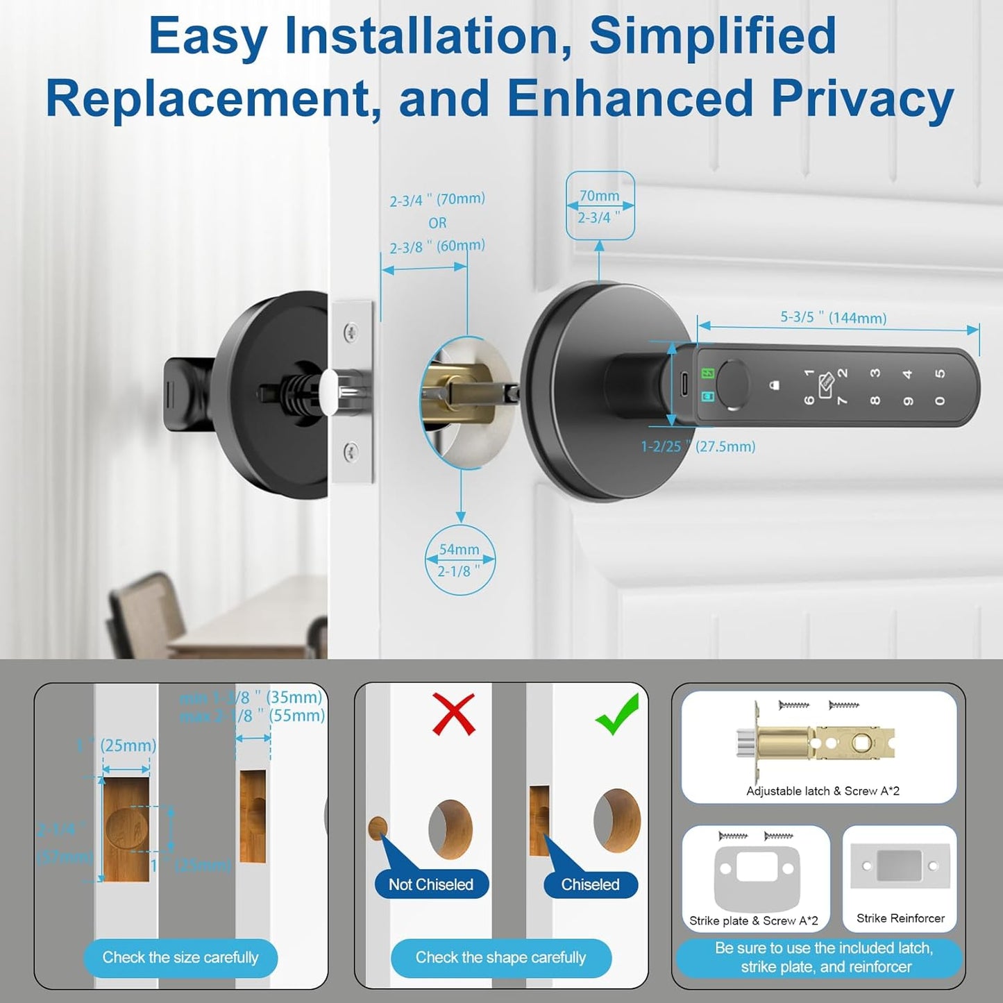 Smart Biometric Fingerprint Door Lock with Keyless Entry and App Control - Easy Installation for Home, Bedroom, Office - Black