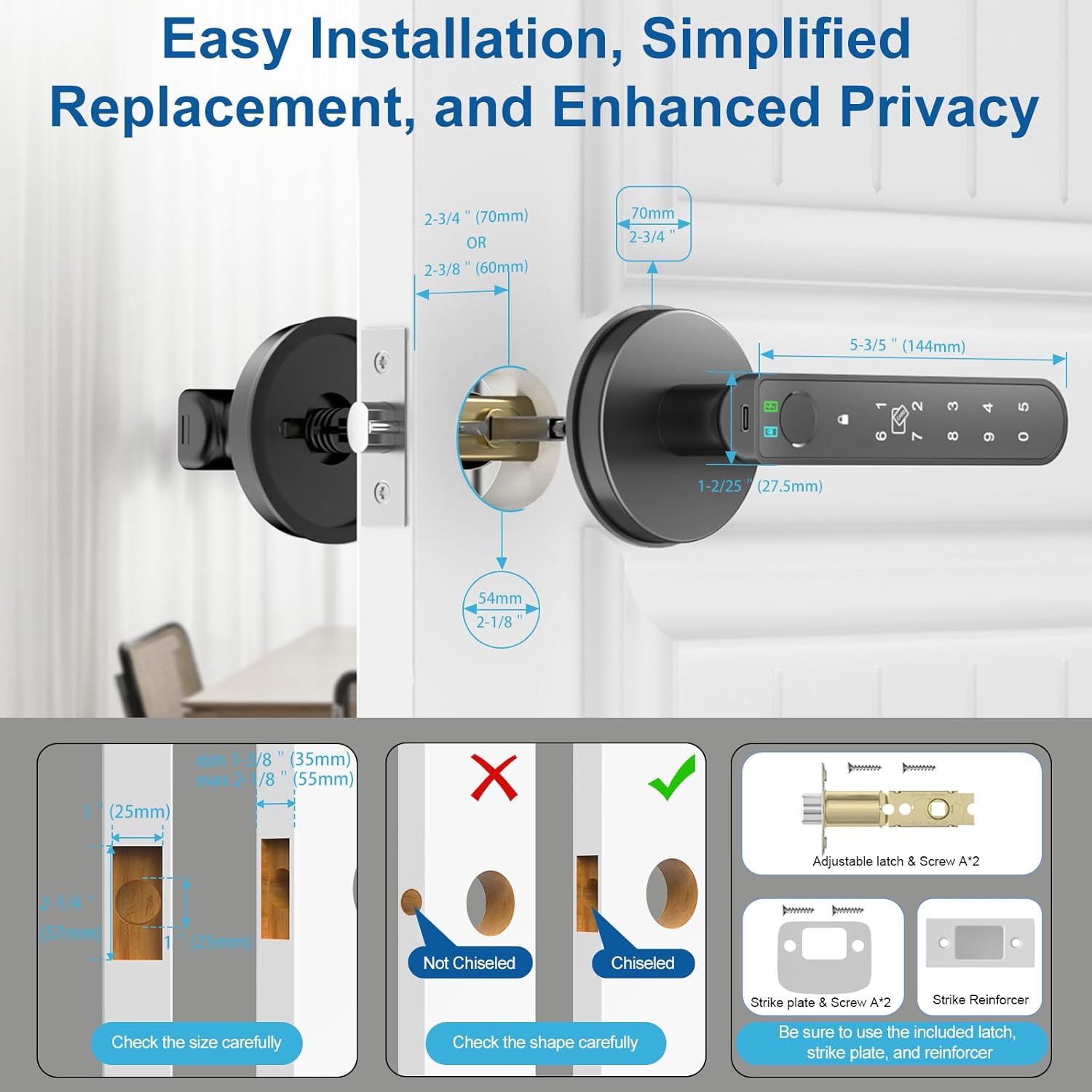 Smart Biometric Fingerprint Door Lock with Keyless Entry and App Control - Easy Installation for Home, Bedroom, Office - Black