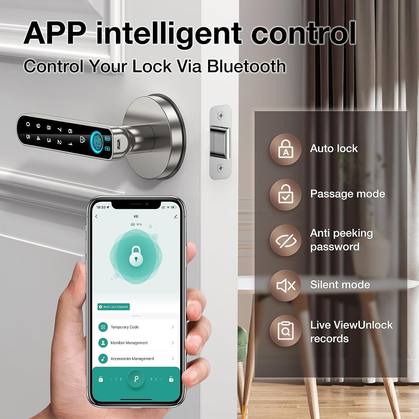 Smart Biometric Fingerprint Door Lock with Keypad Entry - Keyless Security for Home, Office, or Hotel - Silver (with Mobile App)