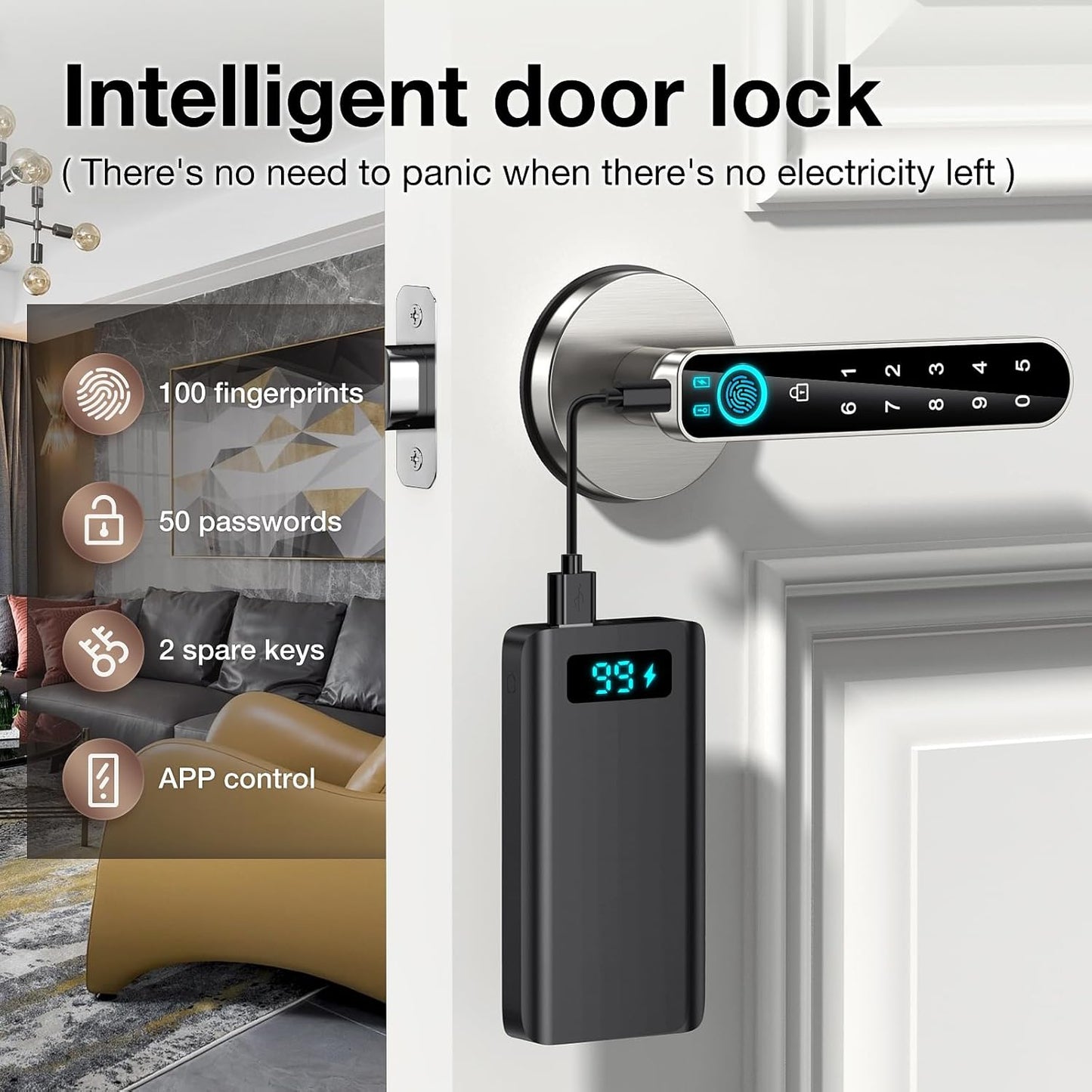 Smart Biometric Fingerprint Door Lock with Keypad Entry - Keyless Security for Home, Office, or Hotel - Silver (with Mobile App)