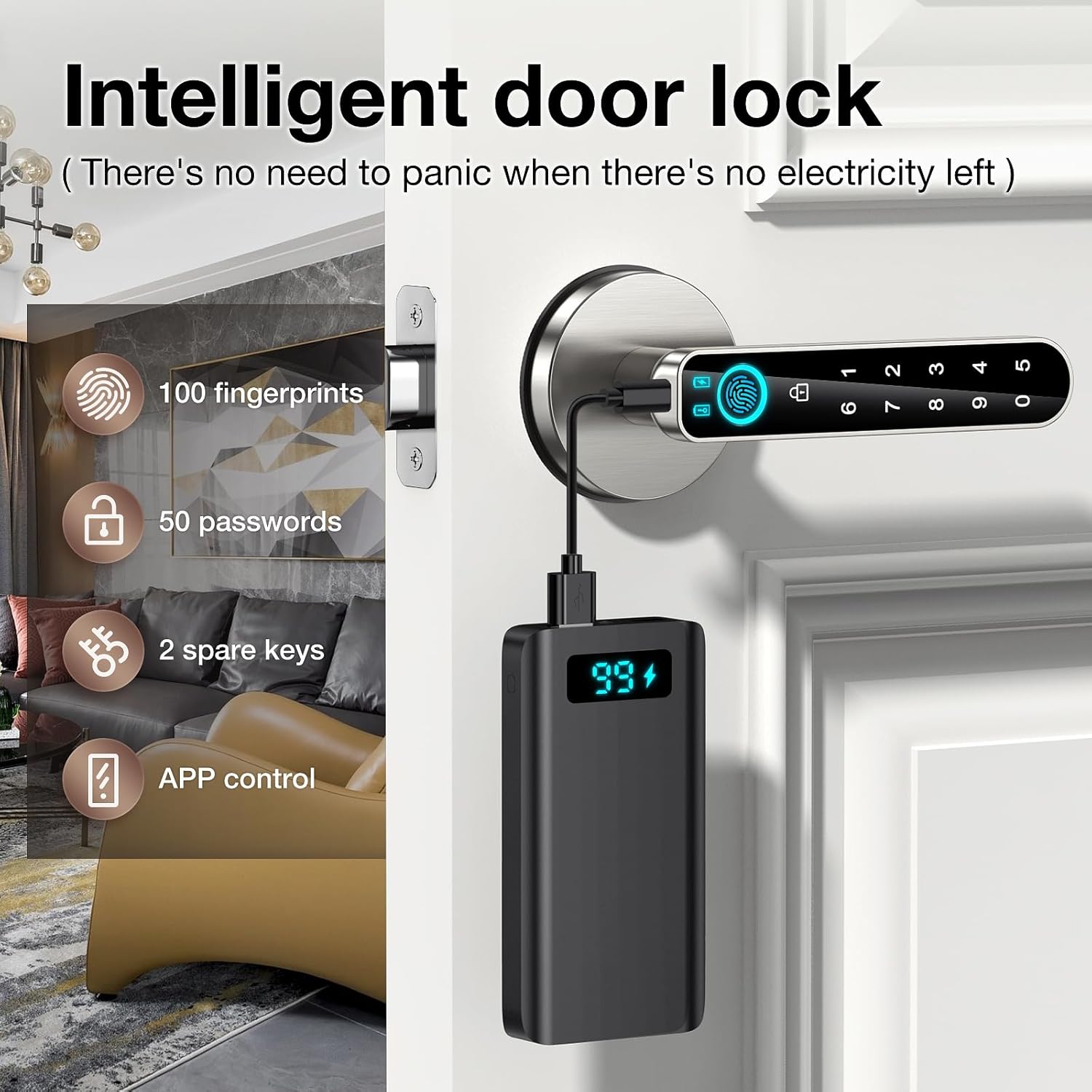 Smart Biometric Fingerprint Door Lock with Keypad Entry - Keyless Security for Home, Office, or Hotel - Silver (with Mobile App)