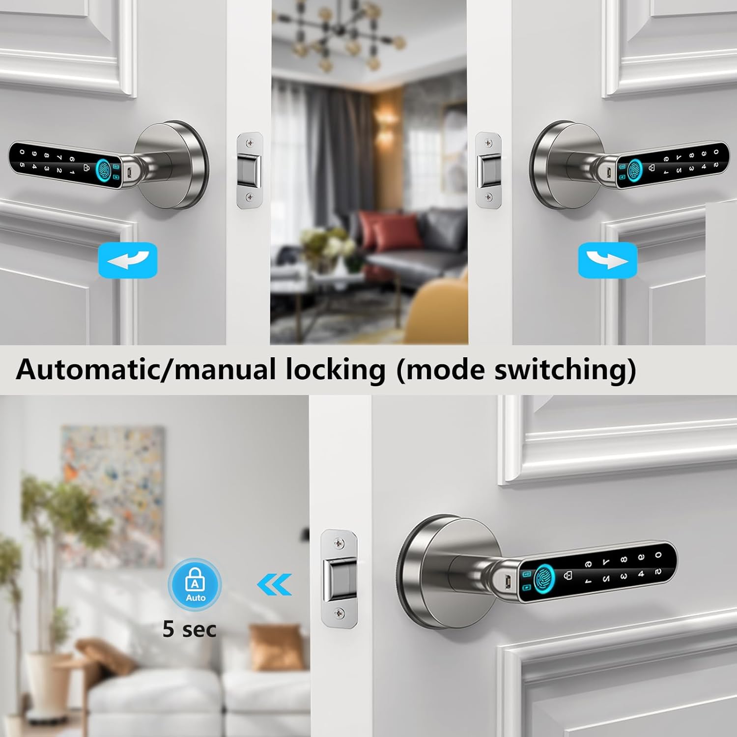 Smart Biometric Fingerprint Door Lock with Keypad Entry - Keyless Security for Home, Office, or Hotel - Silver (with Mobile App)