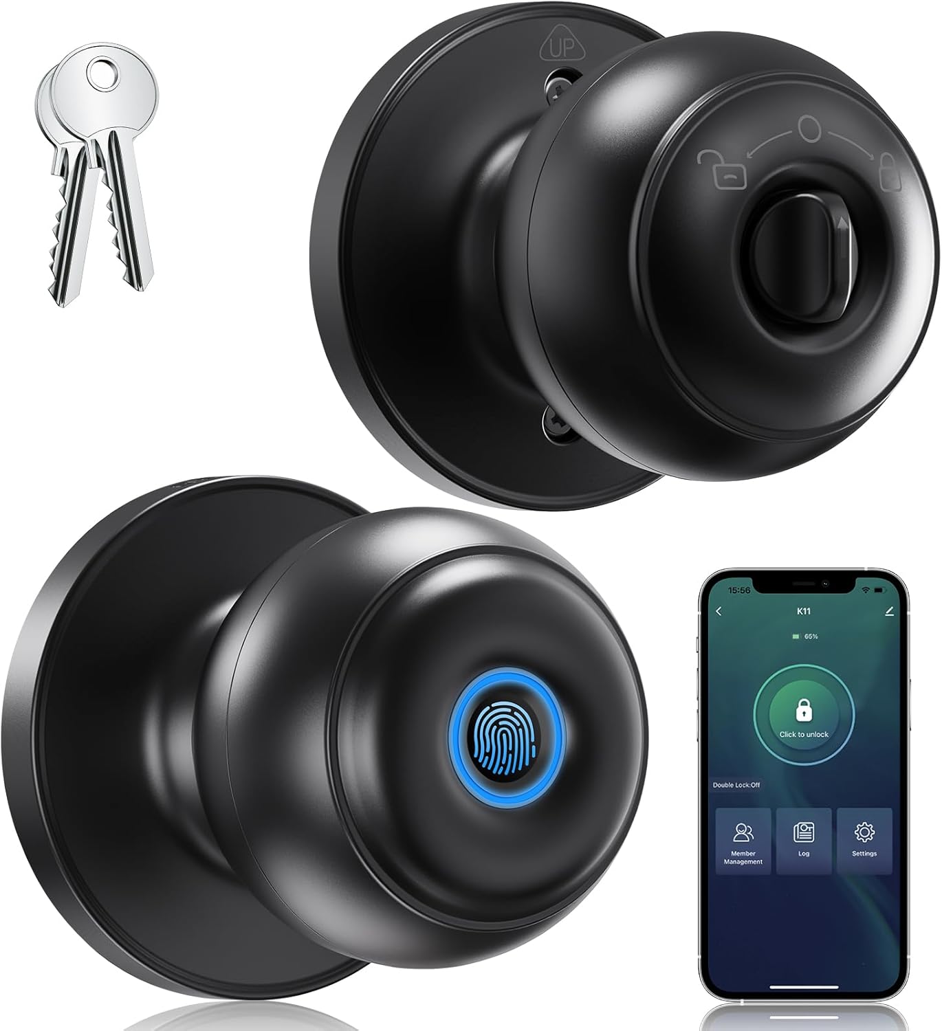 Smart Fingerprint Door Knob with App for Bedroom, Office, Apartment - GeekTale Biometric Door Lock