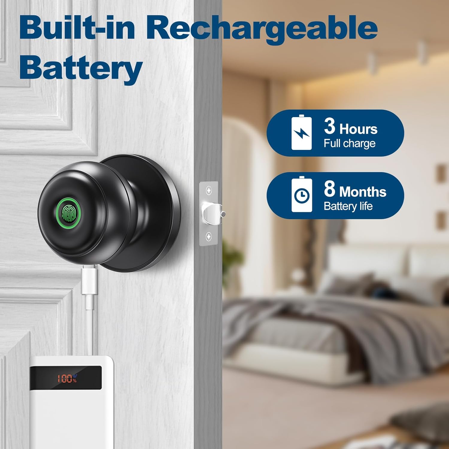 Smart Fingerprint Door Knob with App for Bedroom, Office, Apartment - GeekTale Biometric Door Lock