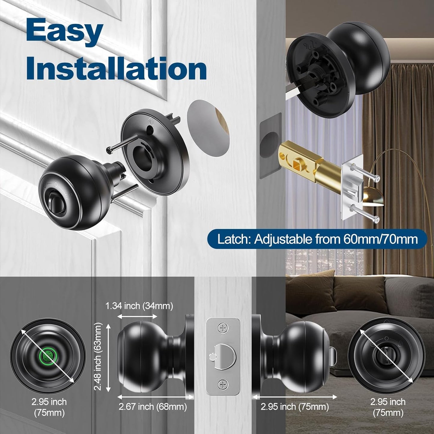 Smart Fingerprint Door Knob with App for Bedroom, Office, Apartment - GeekTale Biometric Door Lock