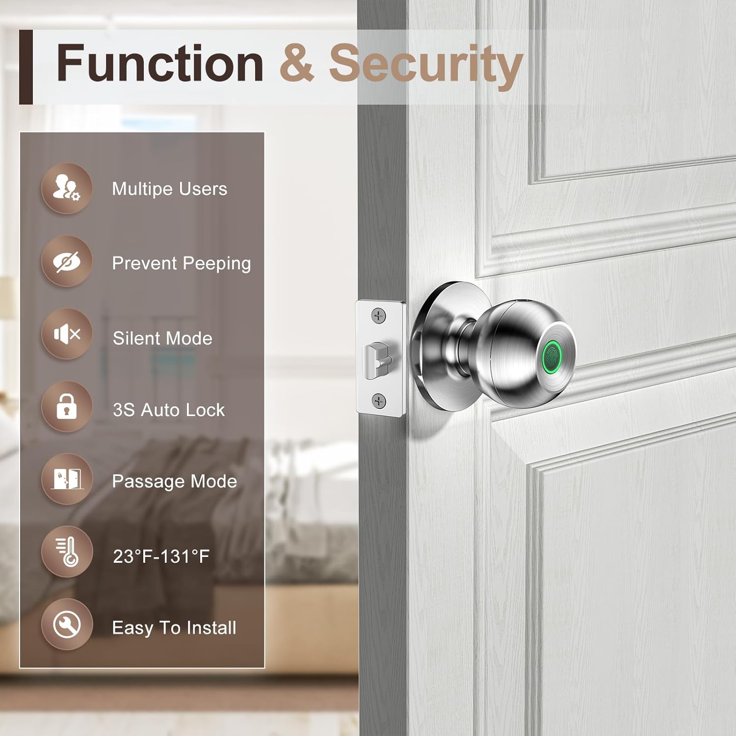 Smart Fingerprint Door Lock with App Control - Biometric Security Lock for Bedroom, Apartments, Offices, Hotels - Silver Smart Door Knob