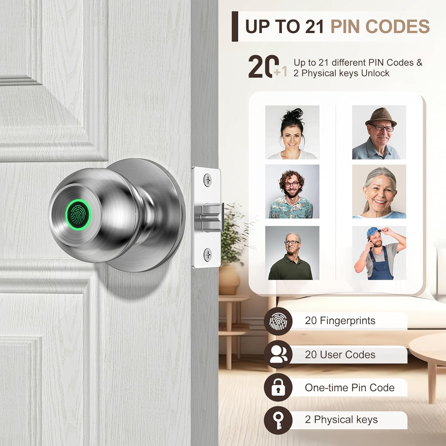 Smart Fingerprint Door Lock with App Control - Biometric Security Lock for Bedroom, Apartments, Offices, Hotels - Silver Smart Door Knob