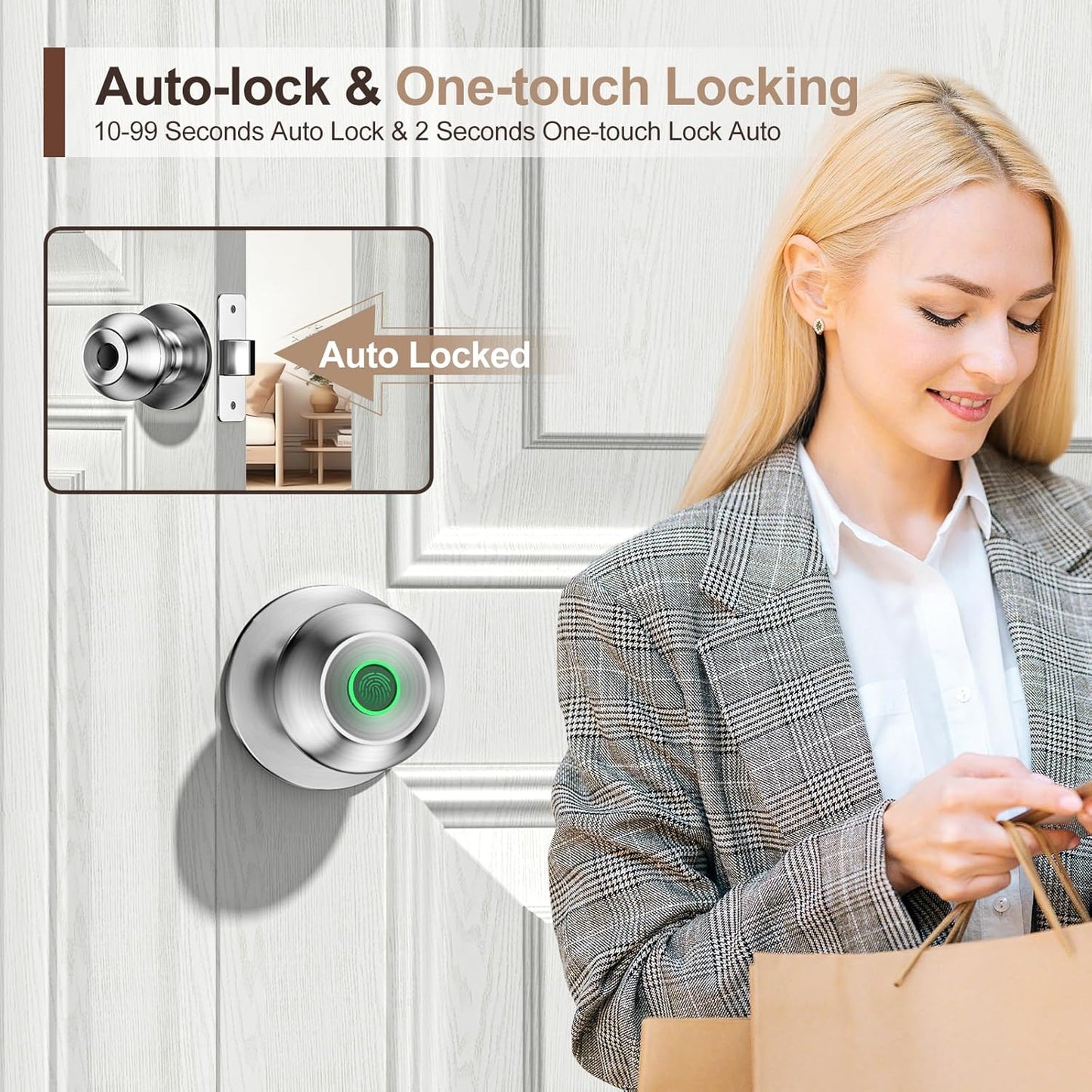 Smart Fingerprint Door Lock with App Control - Biometric Security Lock for Bedroom, Apartments, Offices, Hotels - Silver Smart Door Knob
